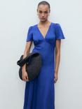 Mango Empire Line Linen Rich Midi Dress, Medium Blue