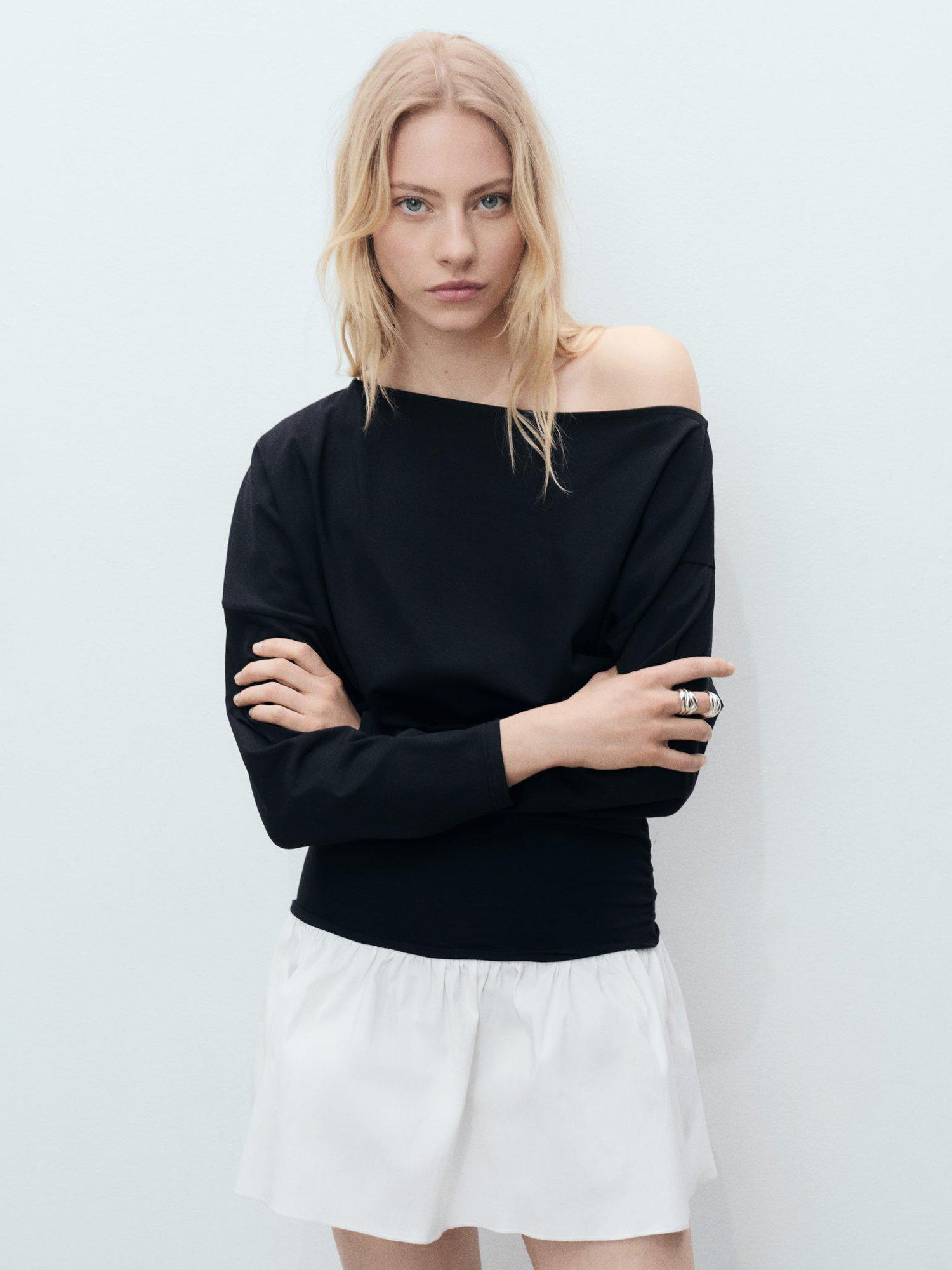 Product image 1 of 8, which shows Mango Swan Asymmetric Long Sleeved Dress, Black/White, 10