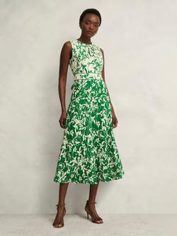 Hobbs Maddie Inverted Floral Dress, Green/Cream, Green/Cream