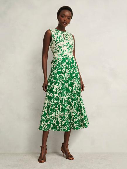 Hobbs Maddie Inverted Floral Dress, Green/Cream, Green/Cream