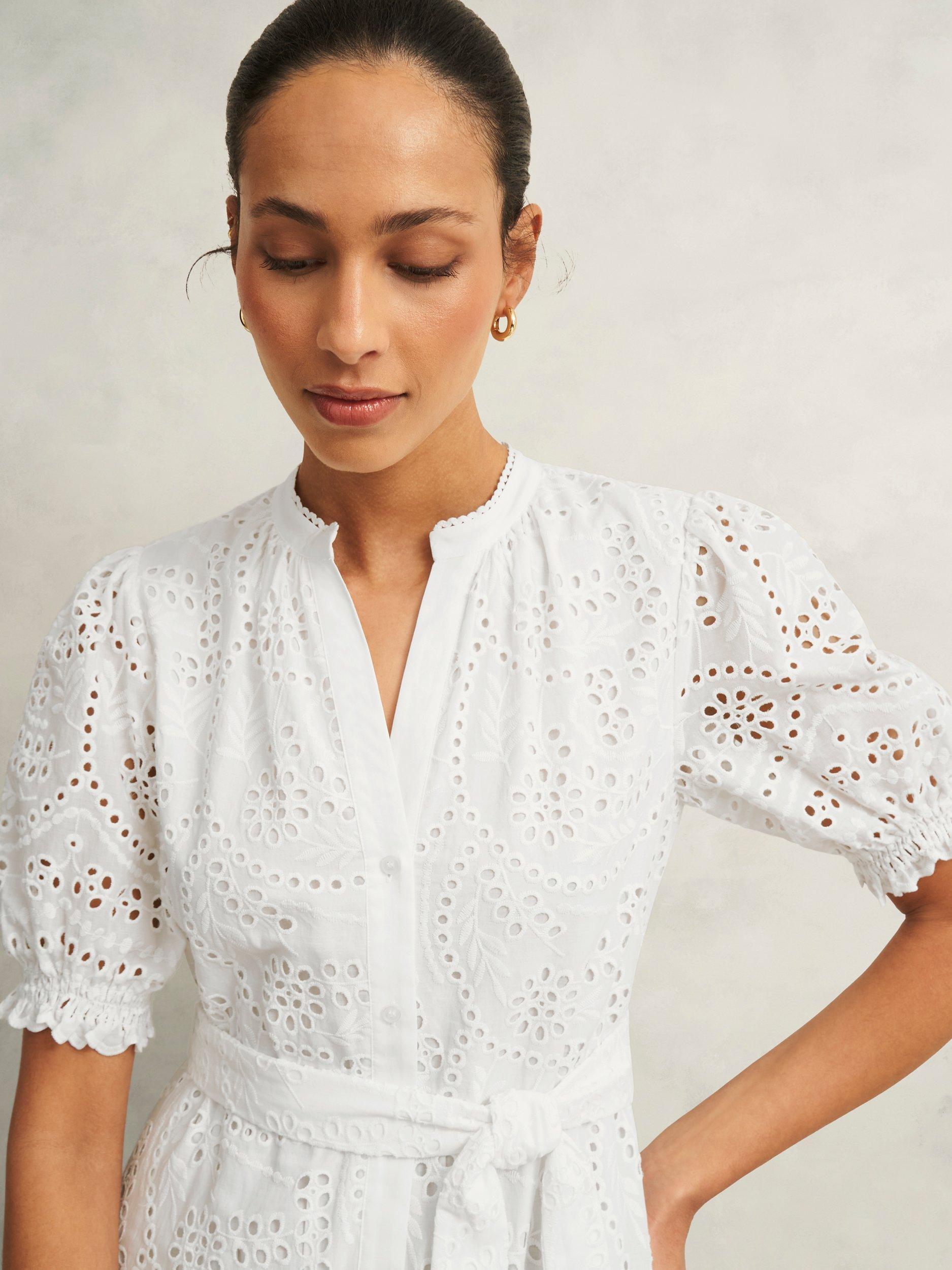 Product image 3 of 5, which shows Hobbs Rosanna Broderie Anglaise Dress, Hobbs White, 8
