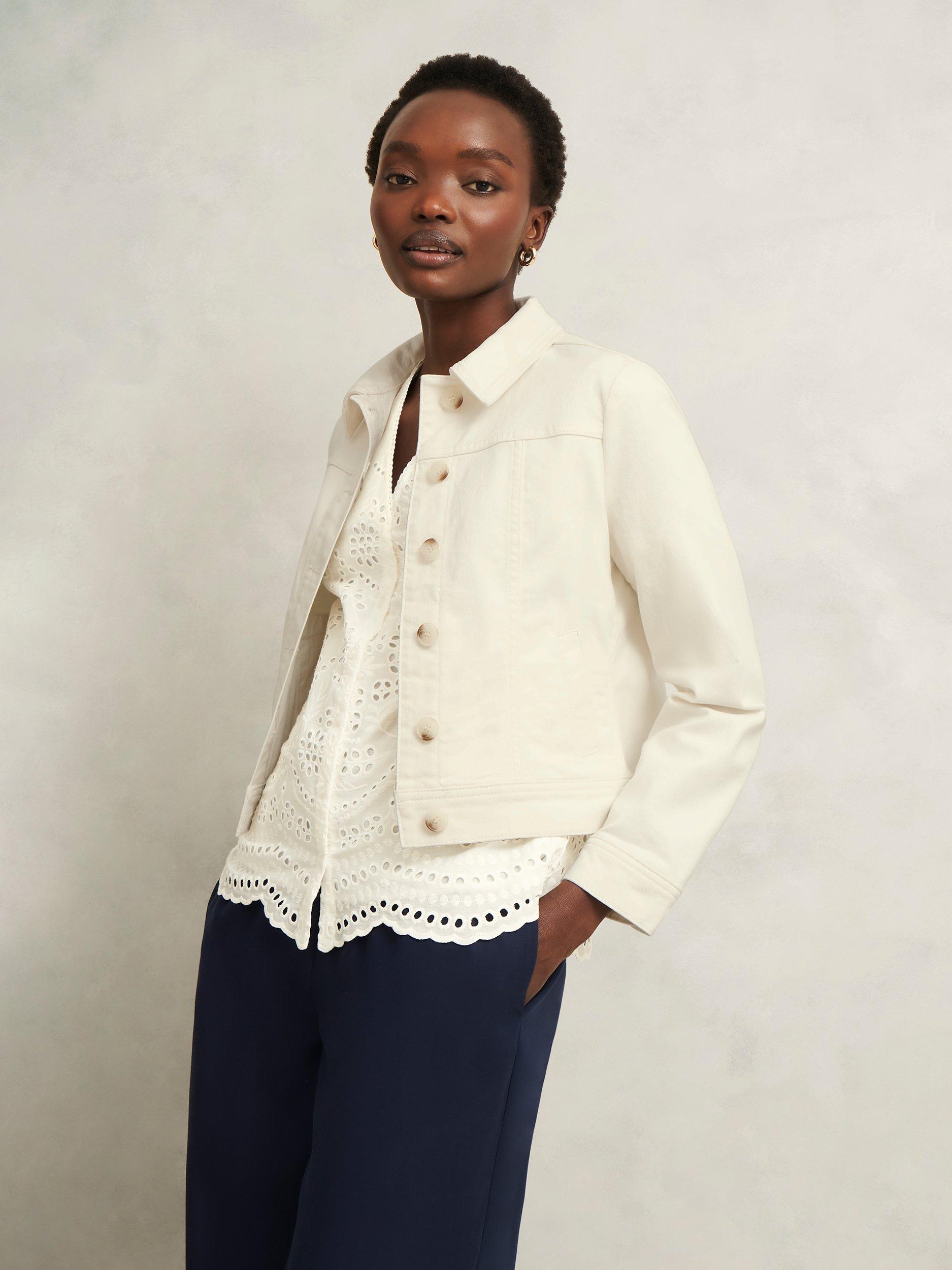 Product image 1 of 7, which shows Hobbs Selborne Boxy Denim Jacket, Milky White, 10