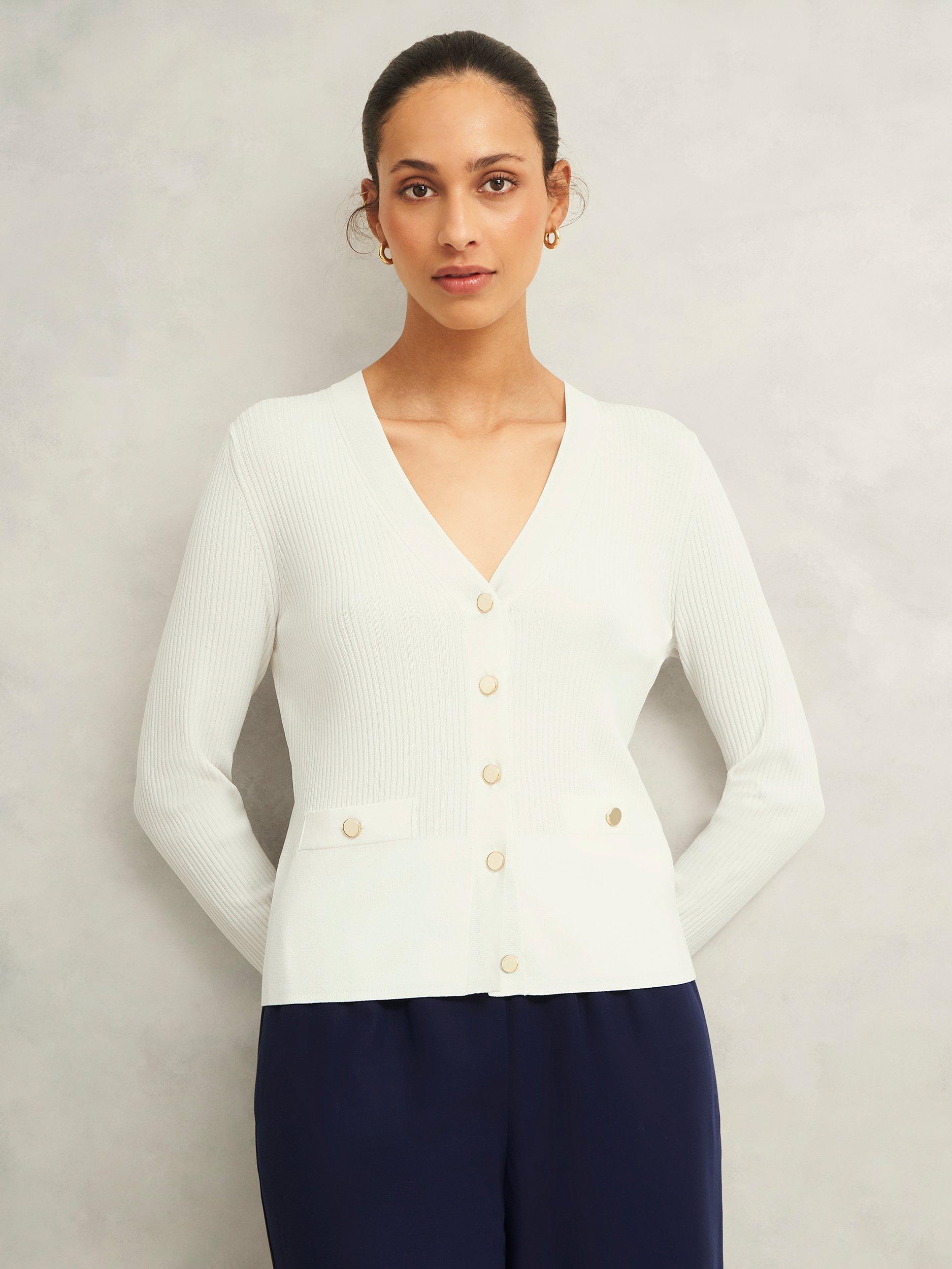 Product image 1 of 7, which shows Hobbs Aubrey Ribbed Cardigan, Ivory, L