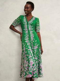 Hobbs Ana Floral Pure Silk Dress, Green/Pink, Green/Pink