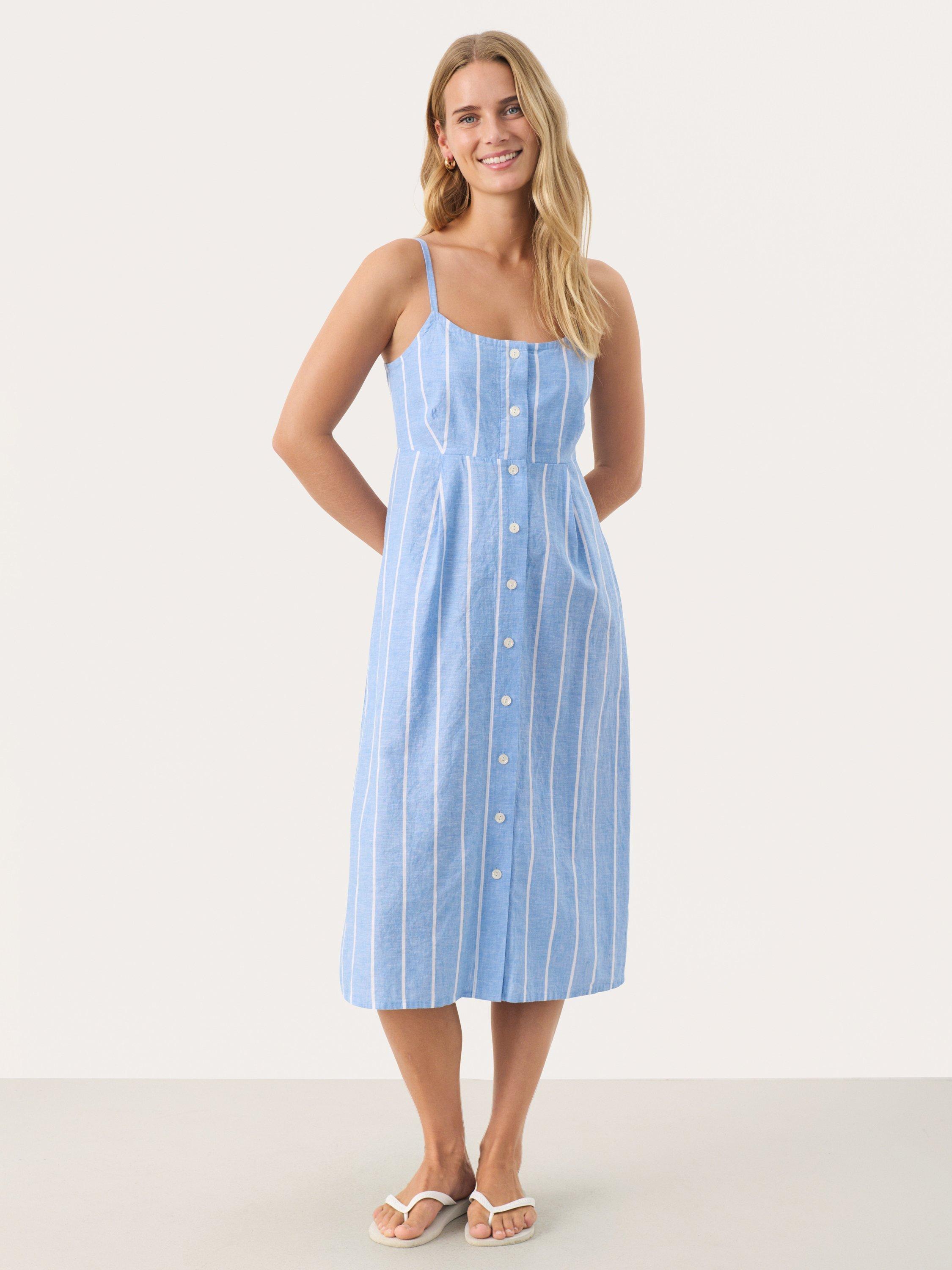 Product image 1 of 6, which shows Part Two Reysa Stripe Linen Rich Dress, Blue/White, 8