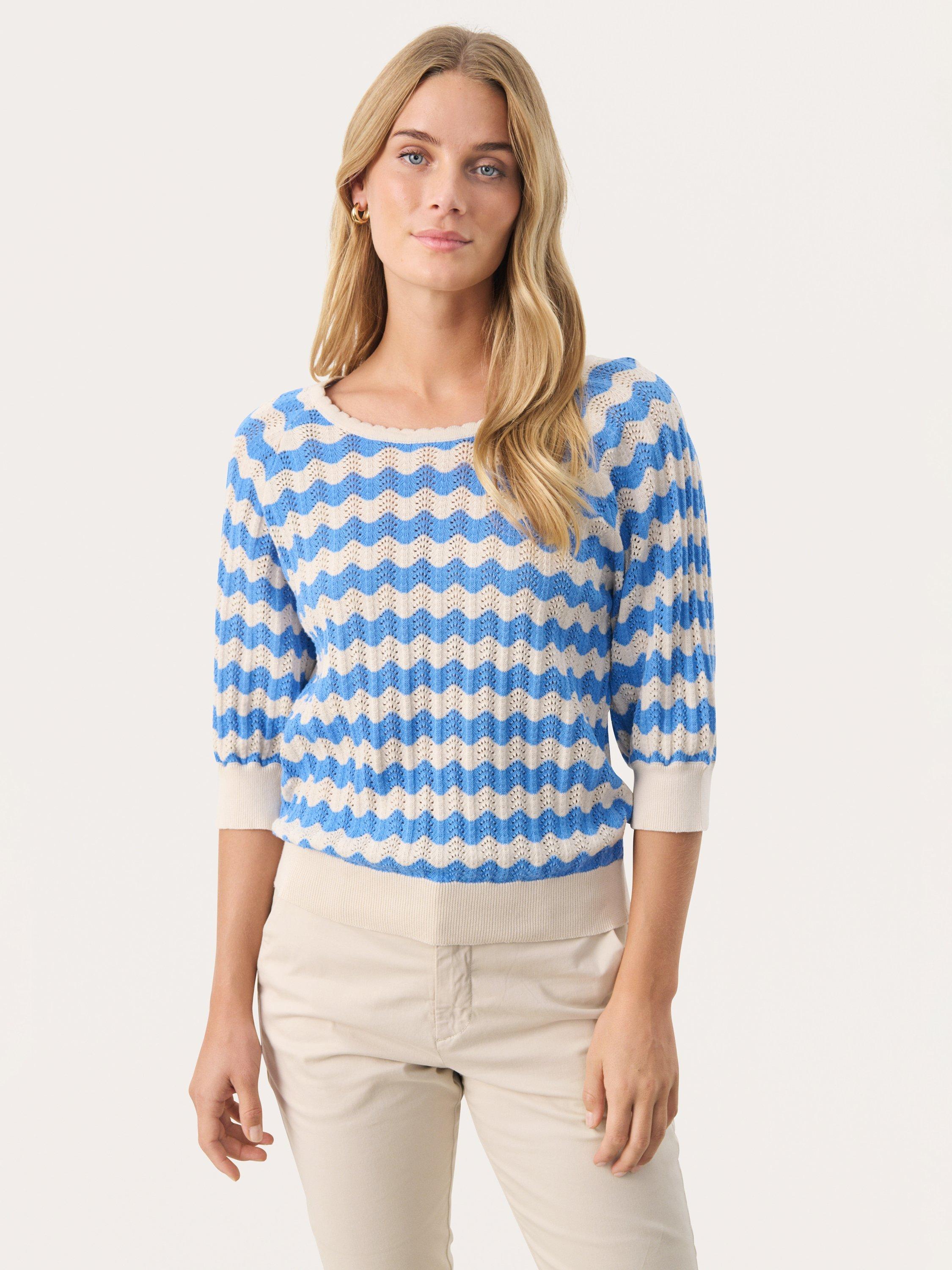Product image 1 of 6, which shows Part Two Rosine Stripe Pure Organic Cotton Jumper, Whitecap/Marina, XS