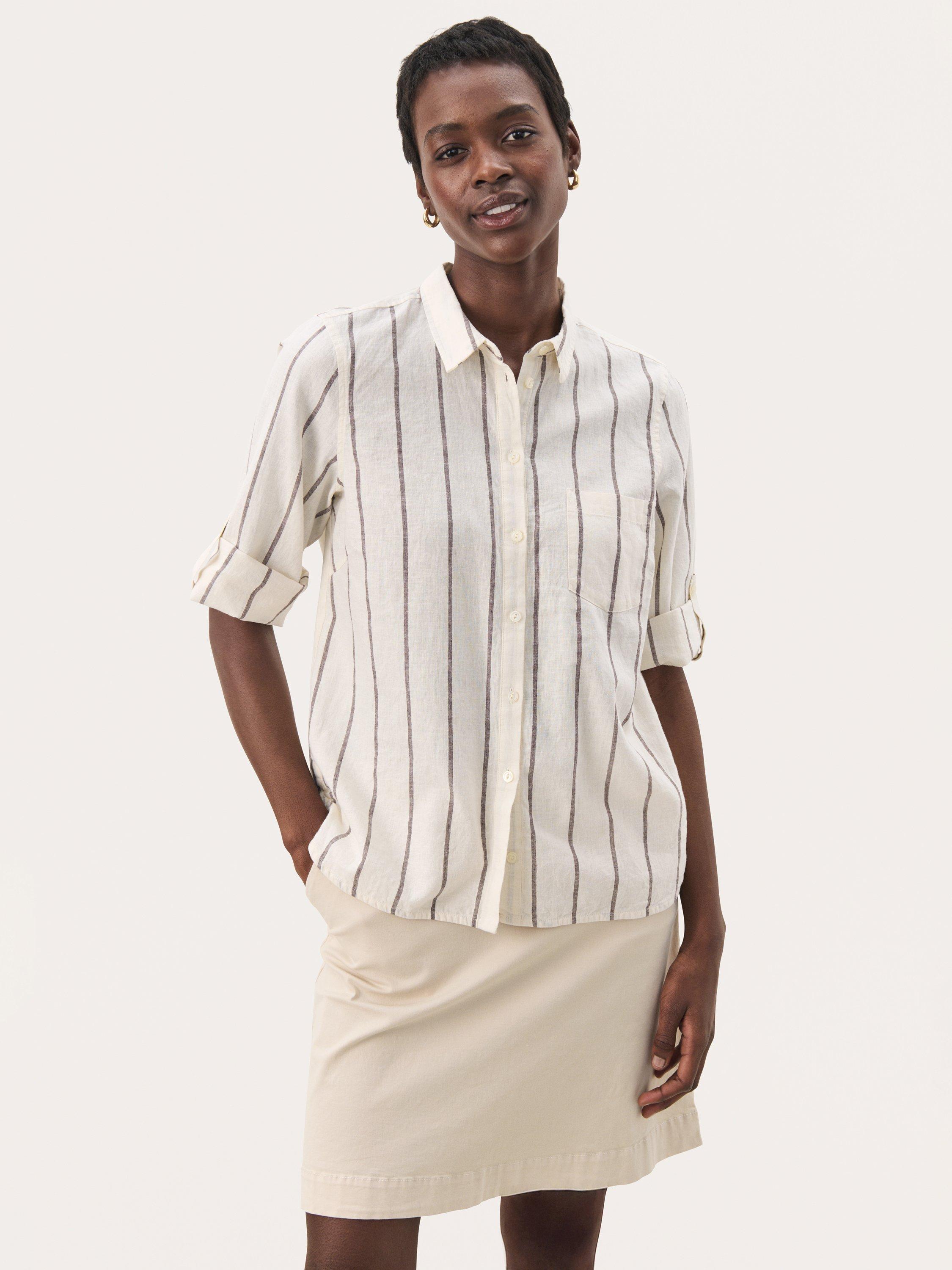 Product image 1 of 7, which shows Part Two Cindie Stripe Linen Rich Shirt, Eggnog/Brown, 8