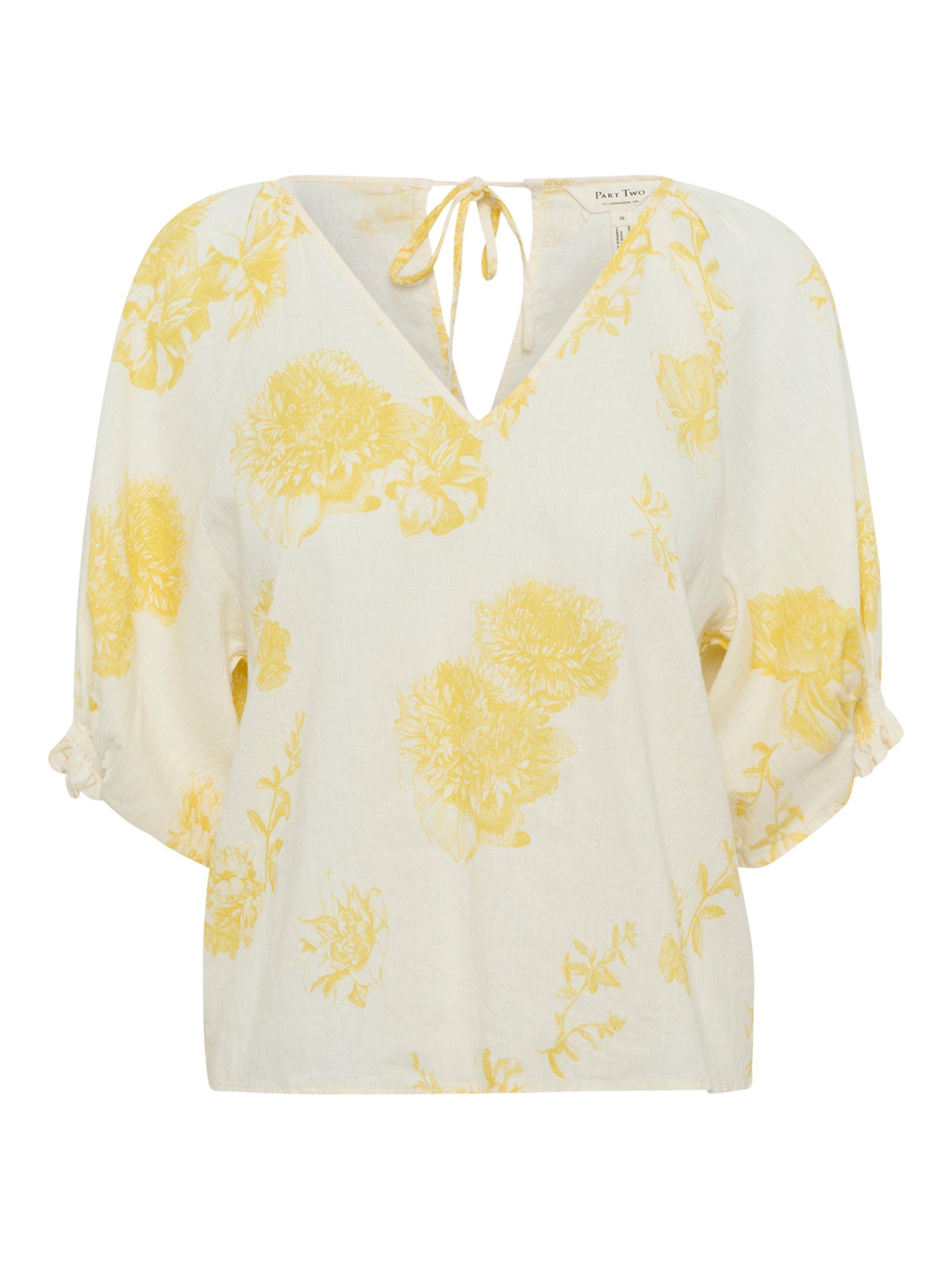 Product image 5 of 6, which shows Part Two Rosalyn Tie Back Linen Rich Top, Yellow/White, 8