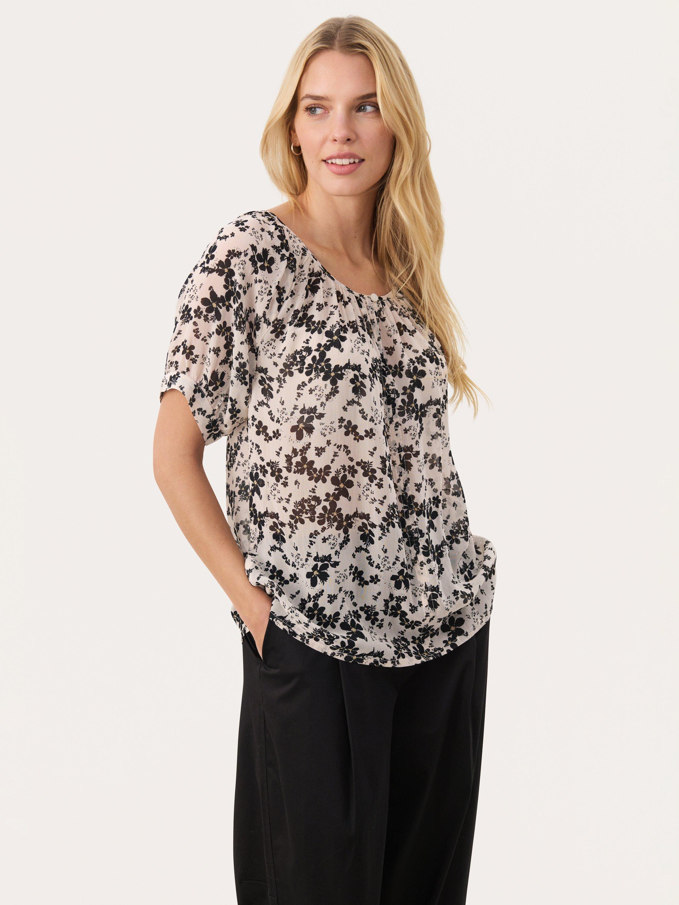 Product image 1 of 6, which shows Part Two Rosanna Puff Sleeve Top, Black/Multi, 8
