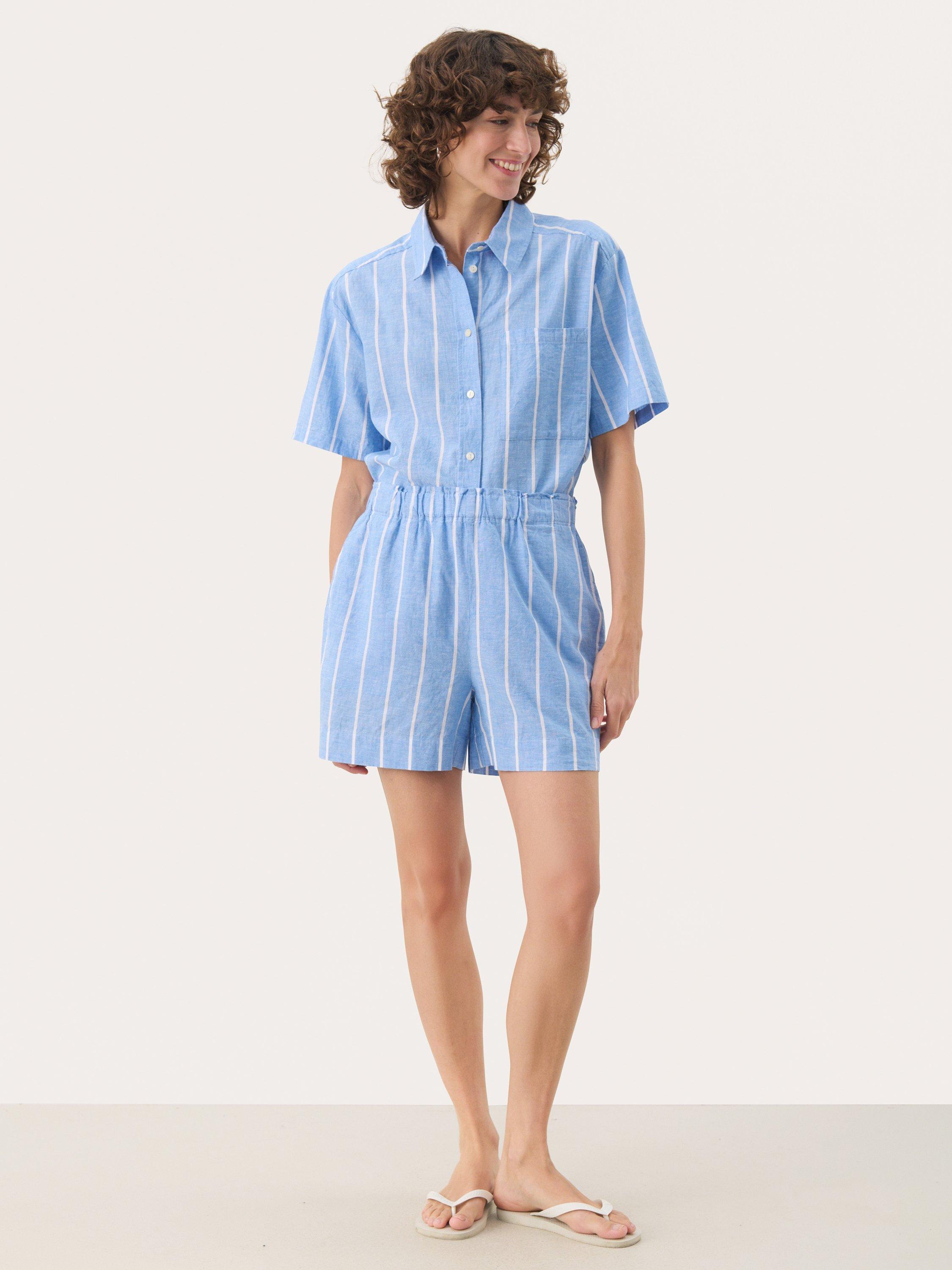 Product image 3 of 6, which shows Part Two Rigge Stripe Linen Rich Shorts, Blue/White, 8