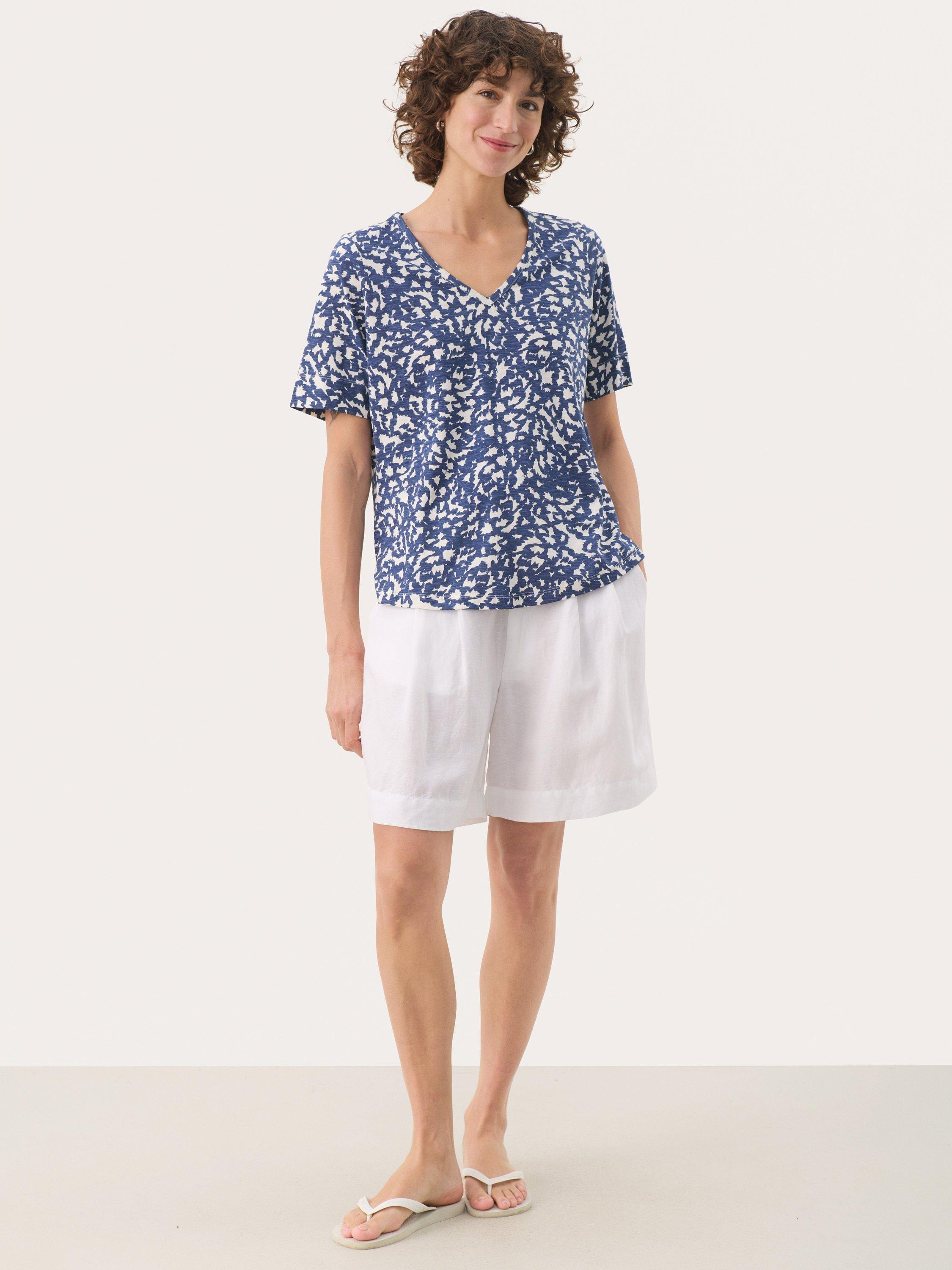 Product image 3 of 6, which shows Part Two Curlia Abstract V-Neck Top, Oceana/White, XS