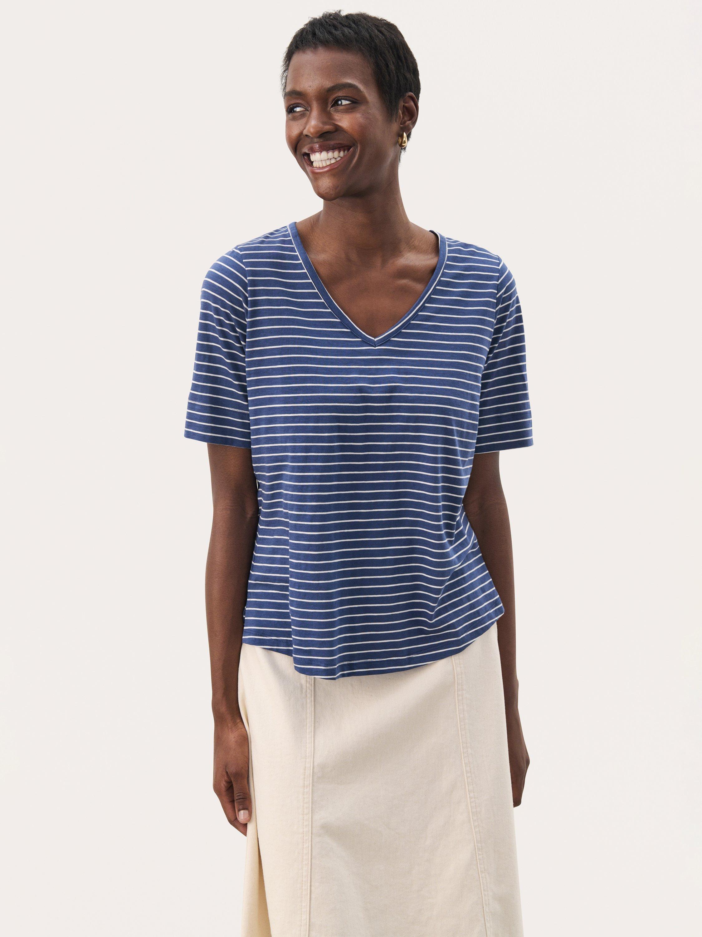Product image 1 of 6, which shows Part Two Curlia Stripe V-Neck T-Shirt, Oceana/Eggnog, XS