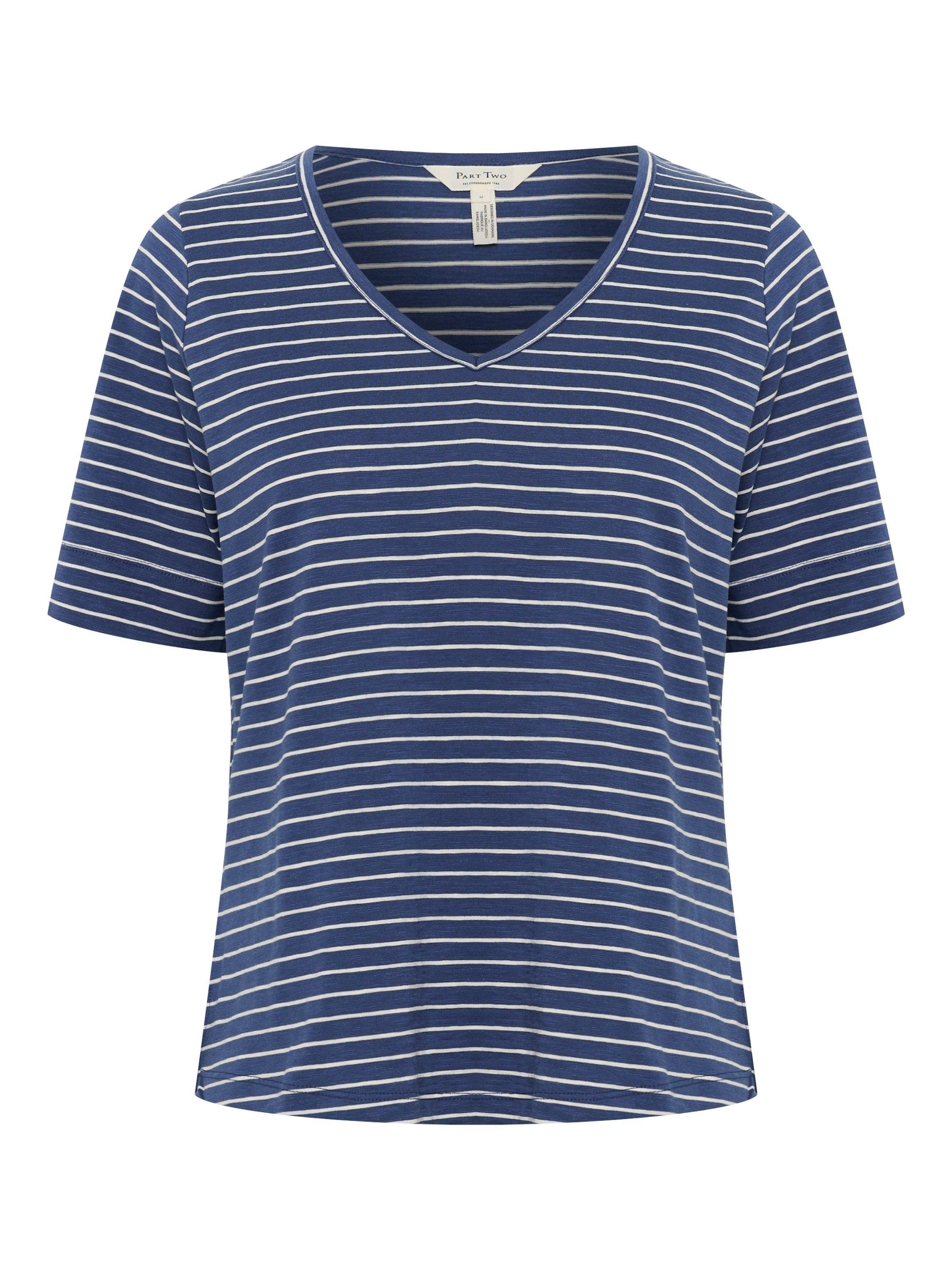 Product image 5 of 6, which shows Part Two Curlia Stripe V-Neck T-Shirt, Oceana/Eggnog, XS