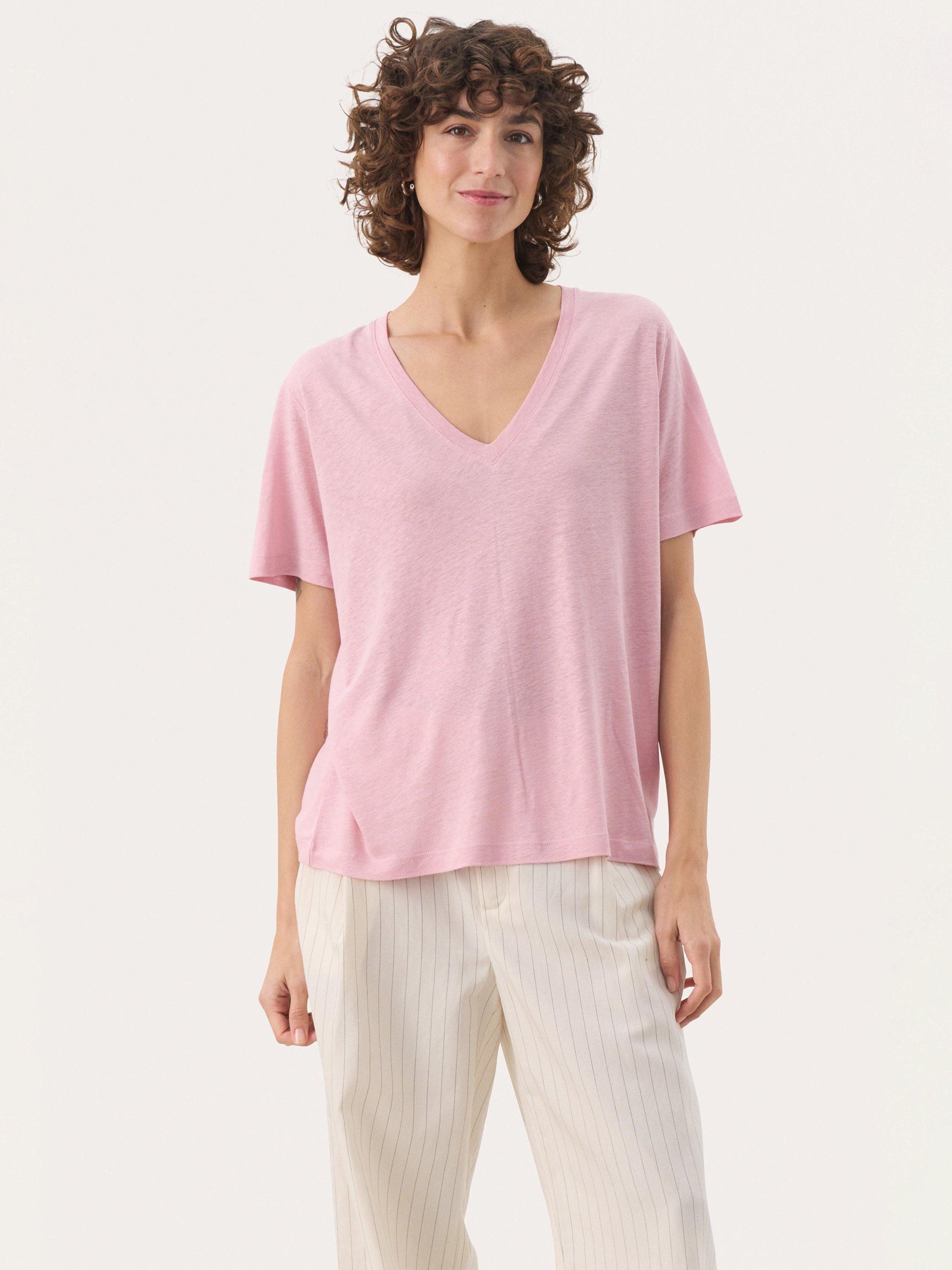 Product image 1 of 6, which shows Part Two Riona V-Neck Linen Rich T-Shirt, Pink Nectar, XS