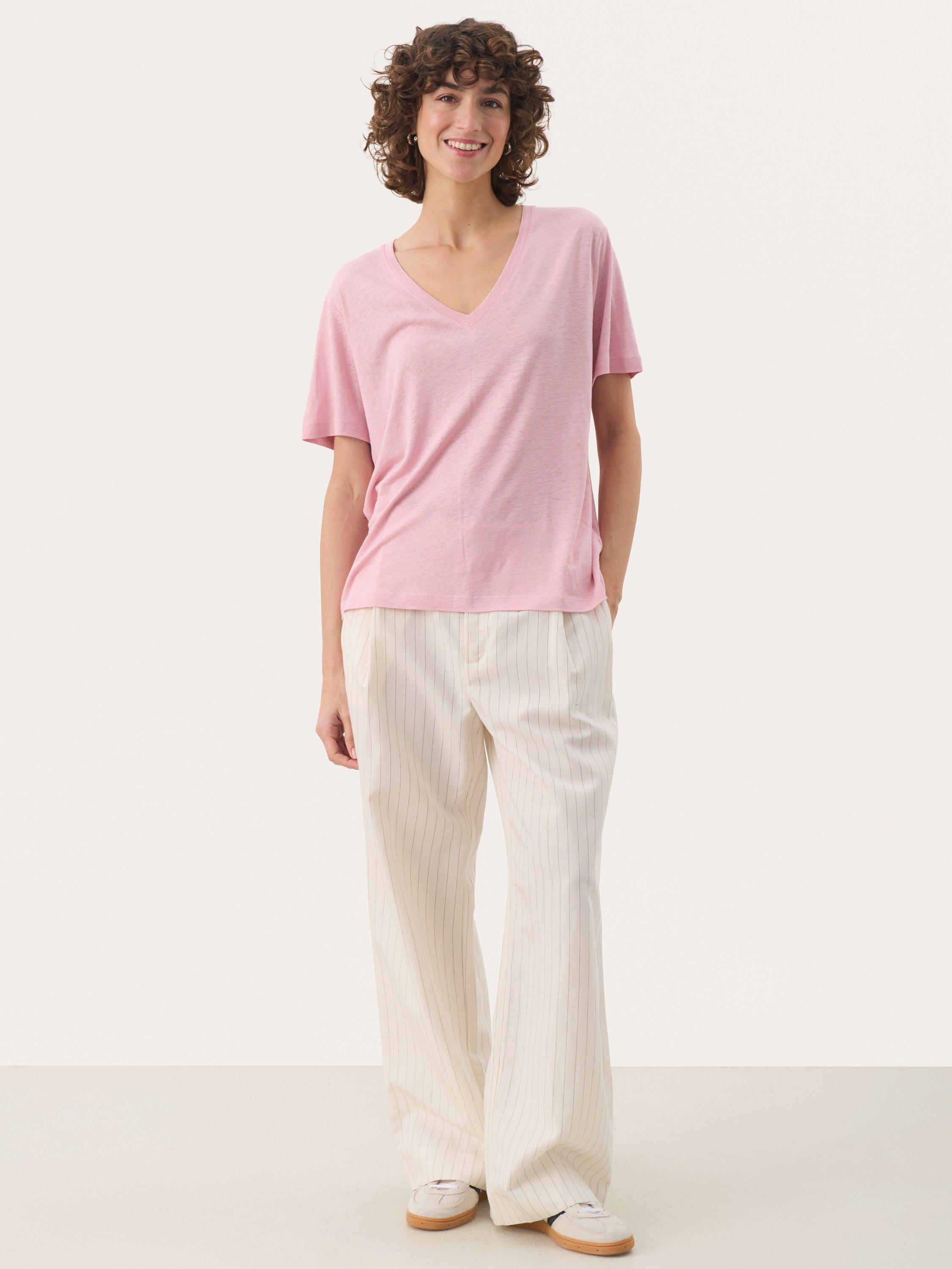 Product image 3 of 6, which shows Part Two Riona V-Neck Linen Rich T-Shirt, Pink Nectar, XS