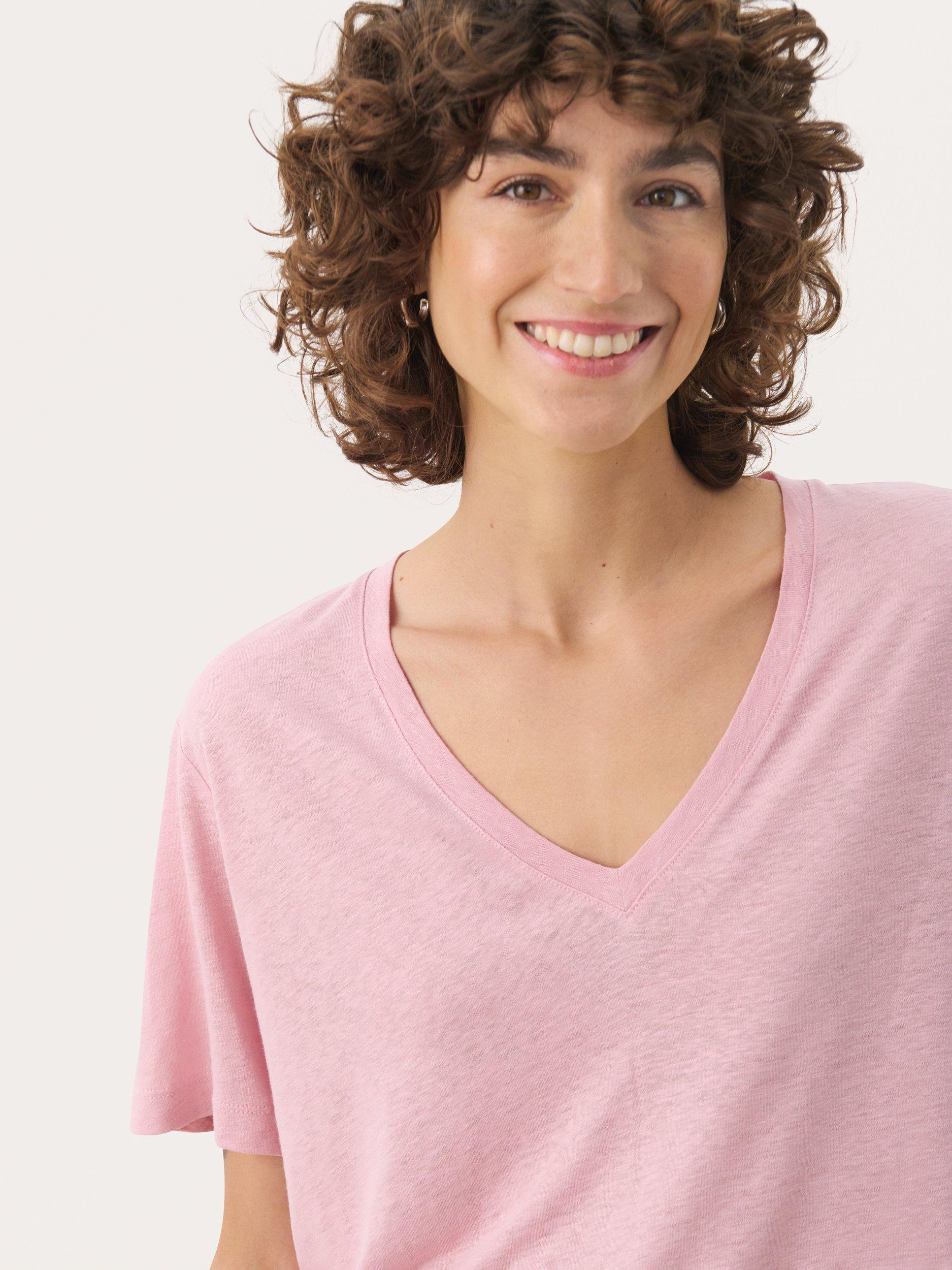 Product image 4 of 6, which shows Part Two Riona V-Neck Linen Rich T-Shirt, Pink Nectar, XS
