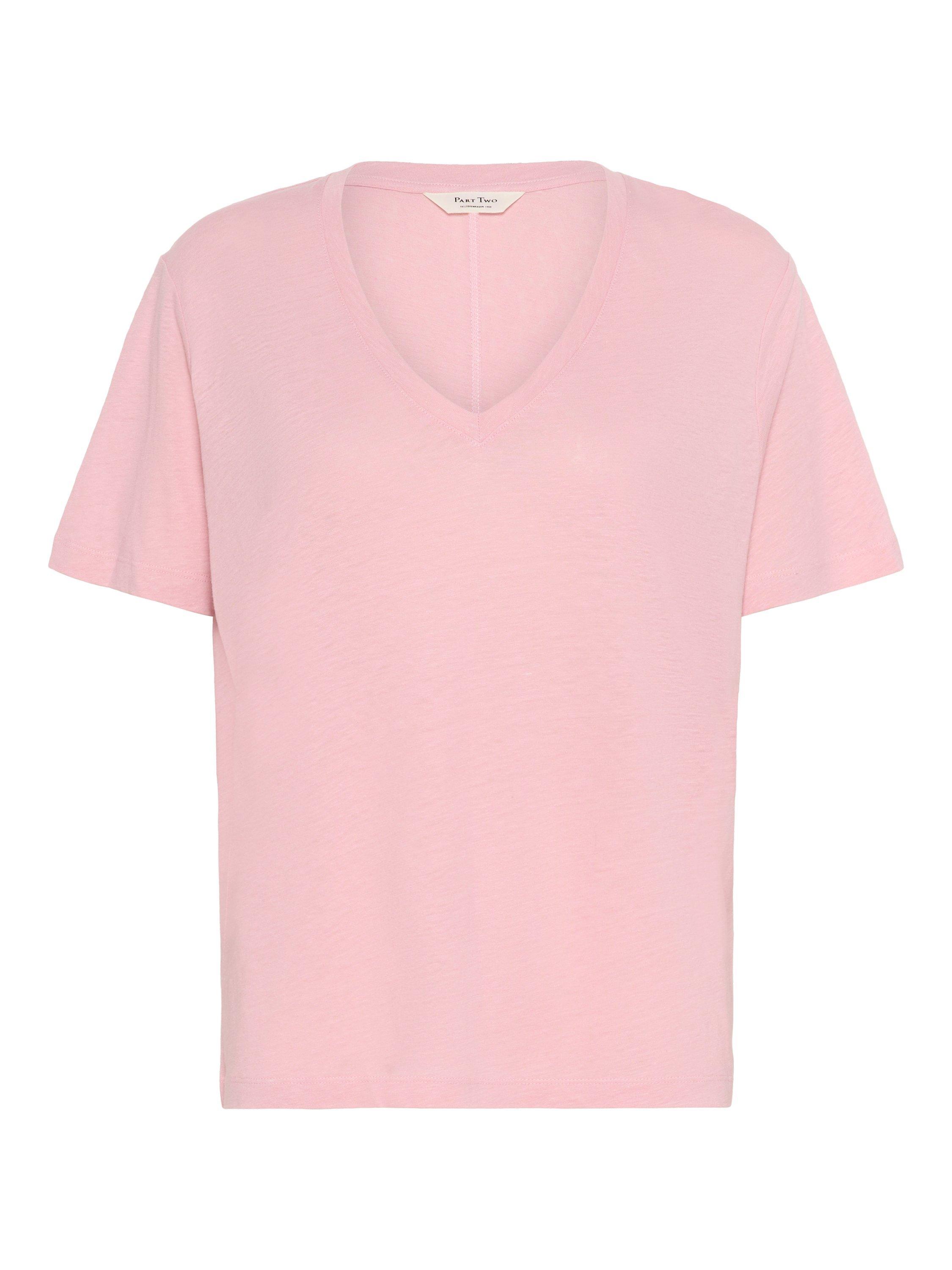 Product image 5 of 6, which shows Part Two Riona V-Neck Linen Rich T-Shirt, Pink Nectar, XS