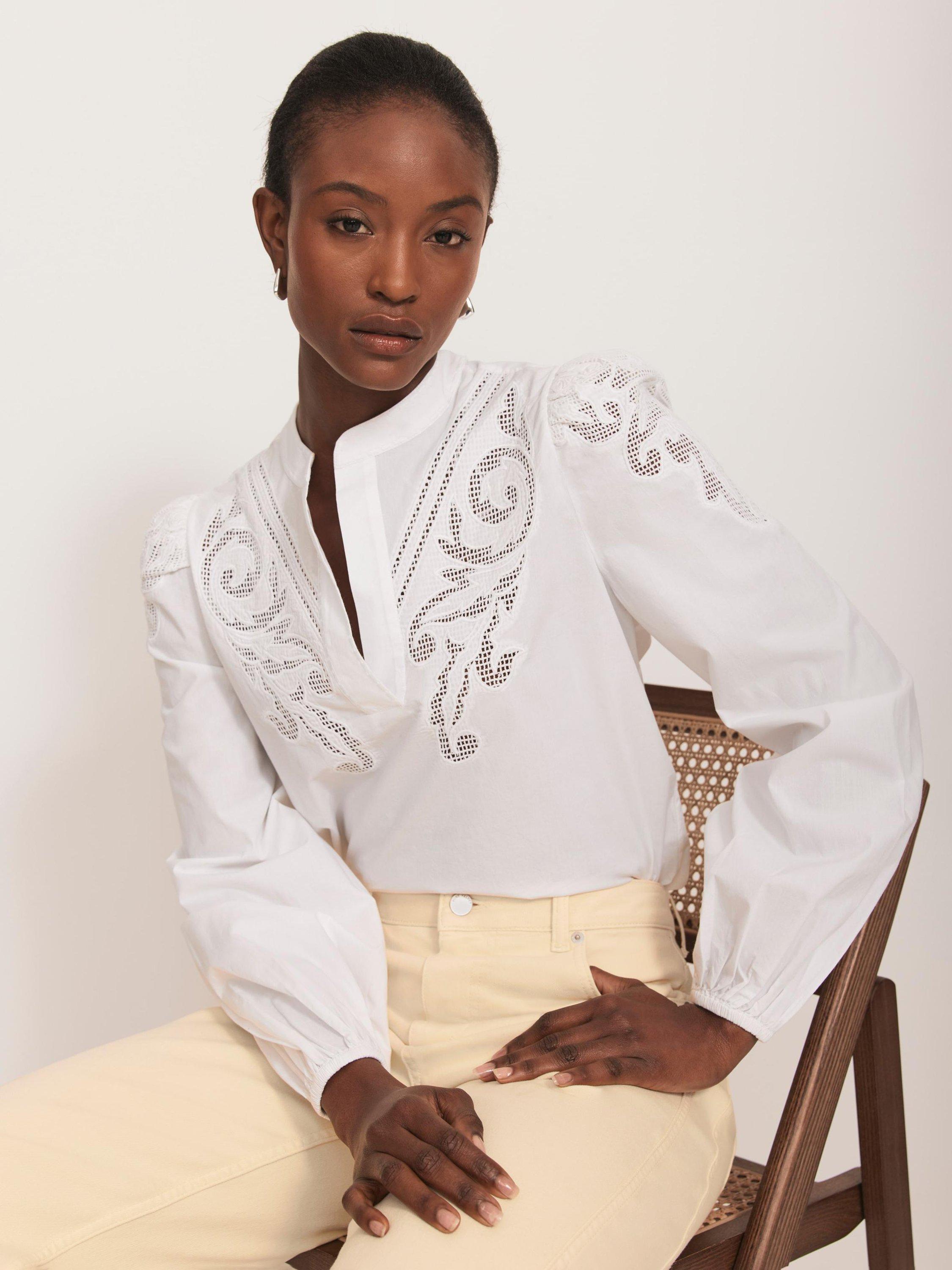 Product image 1 of 8, which shows Mint Velvet Embroidered Blouse, White Ivory, L