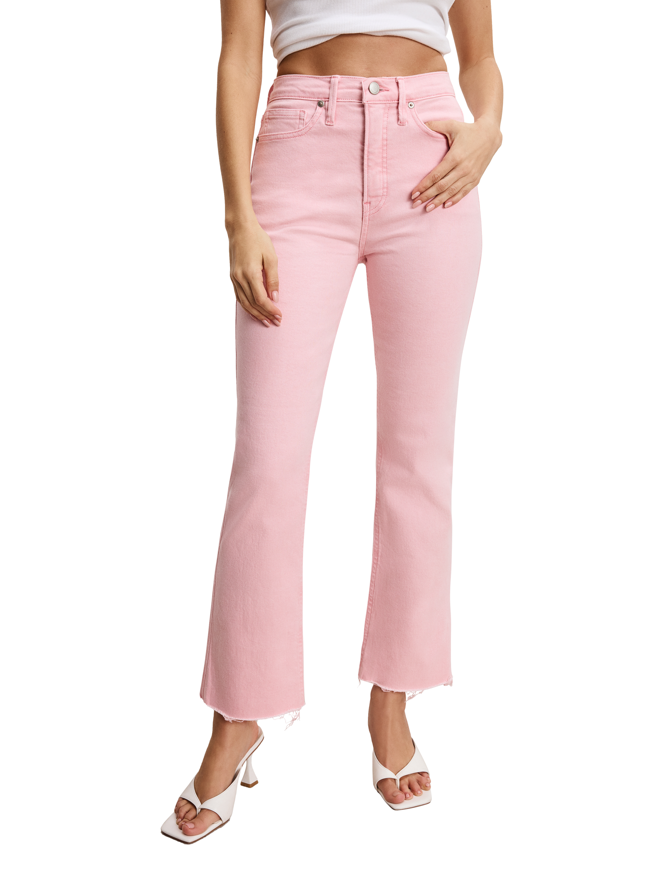 Product image 1 of 6, which shows Good American Kick Flare Jeans, Flamingo003, 24