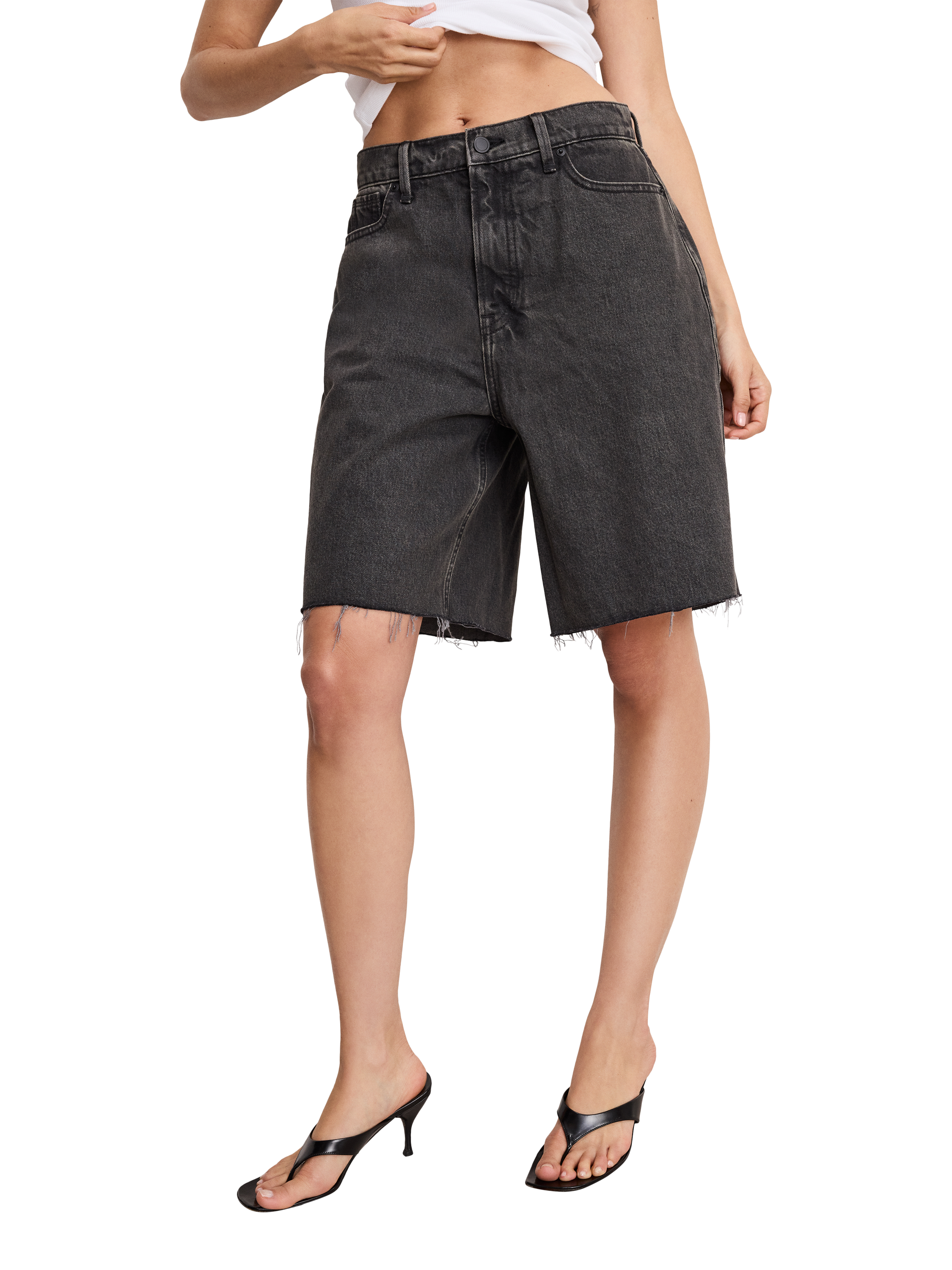 Product image 3 of 4, which shows Good American Good Extreme Denim Barrel Shorts, Black, 24