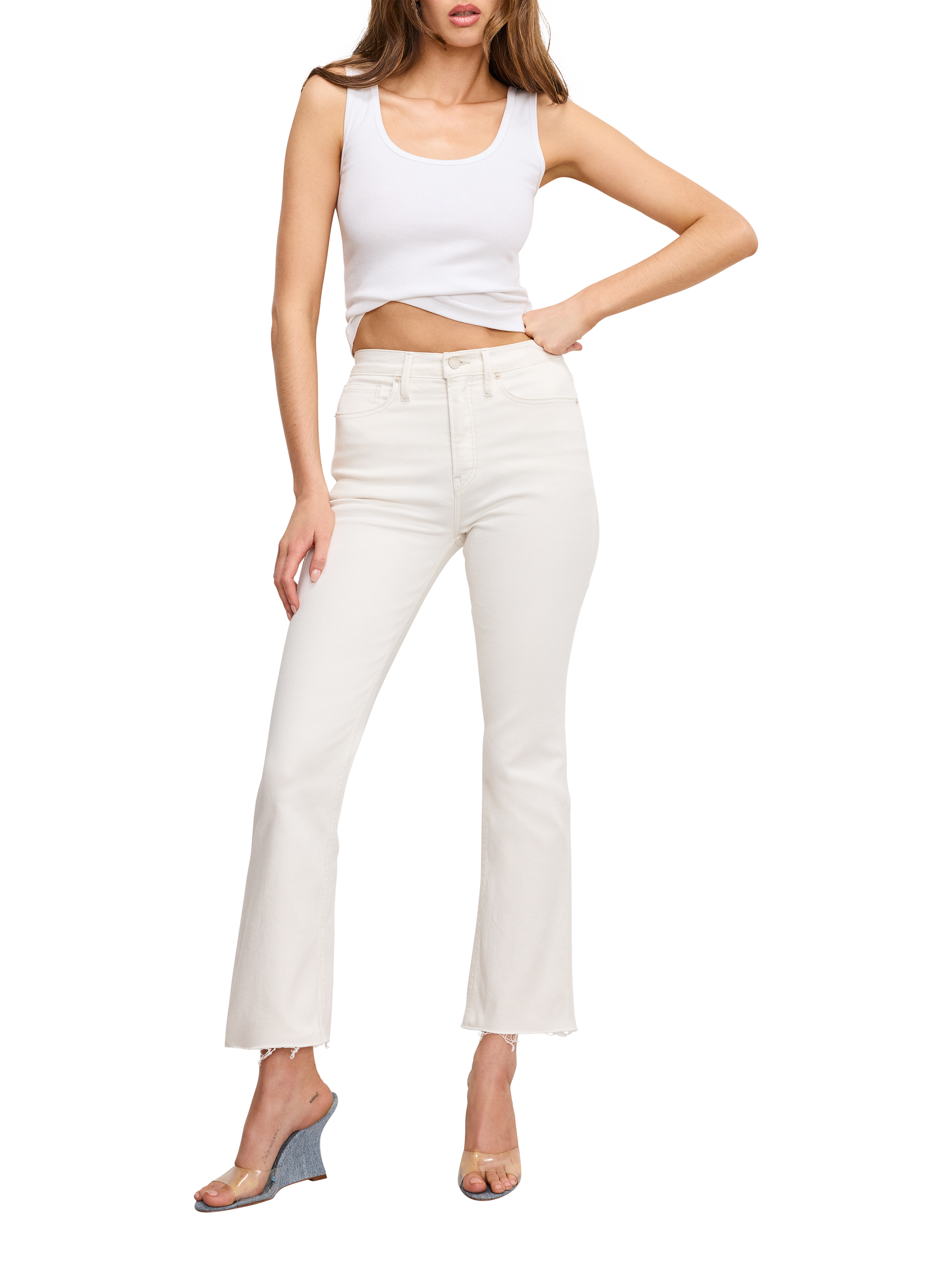 Product image 2 of 11, which shows Good American Kick Flare Jeans, Cloud White001, 24