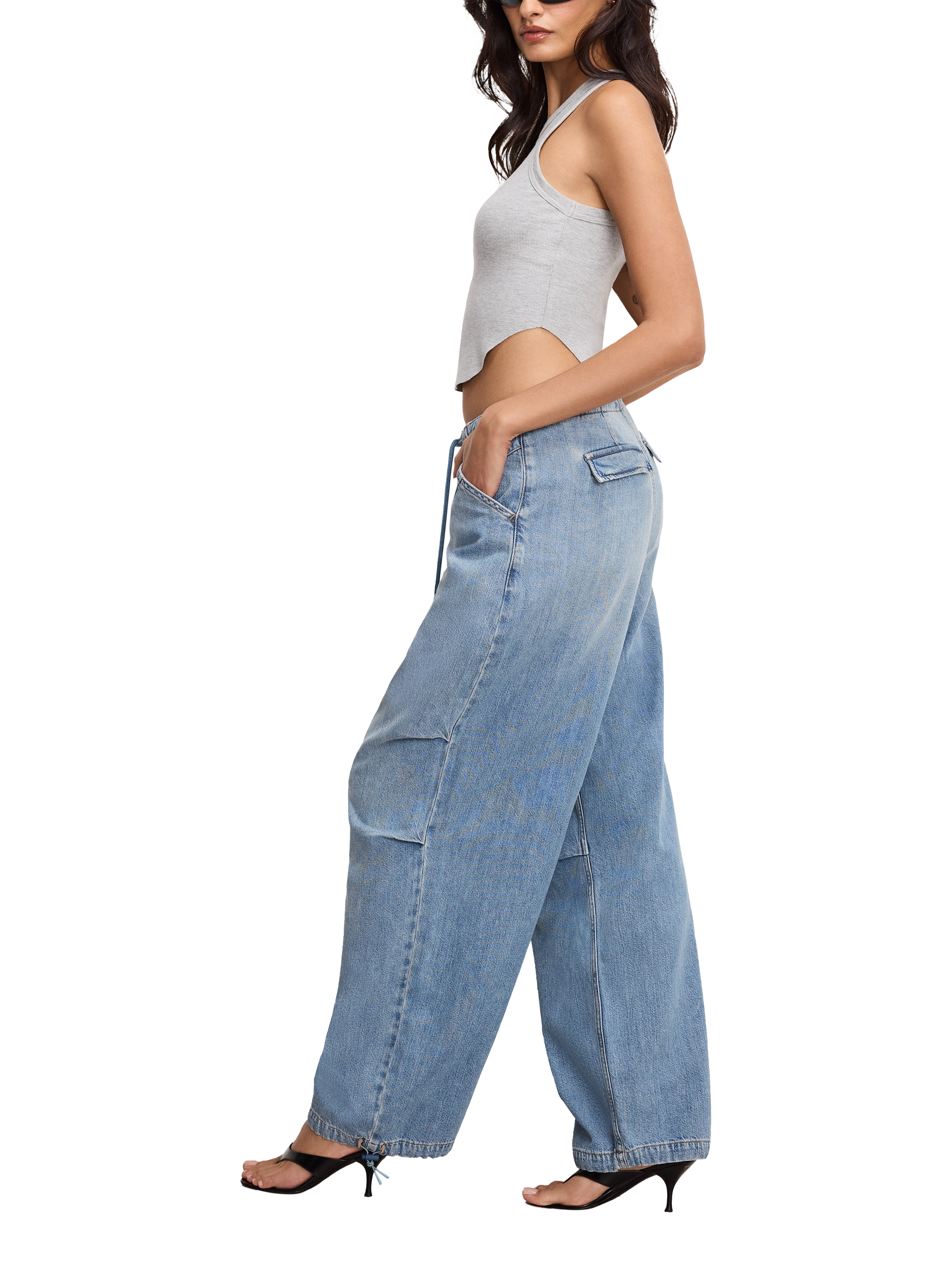 Product image 3 of 6, which shows Good American Lite Parachute Jeans, Indigo794, 24