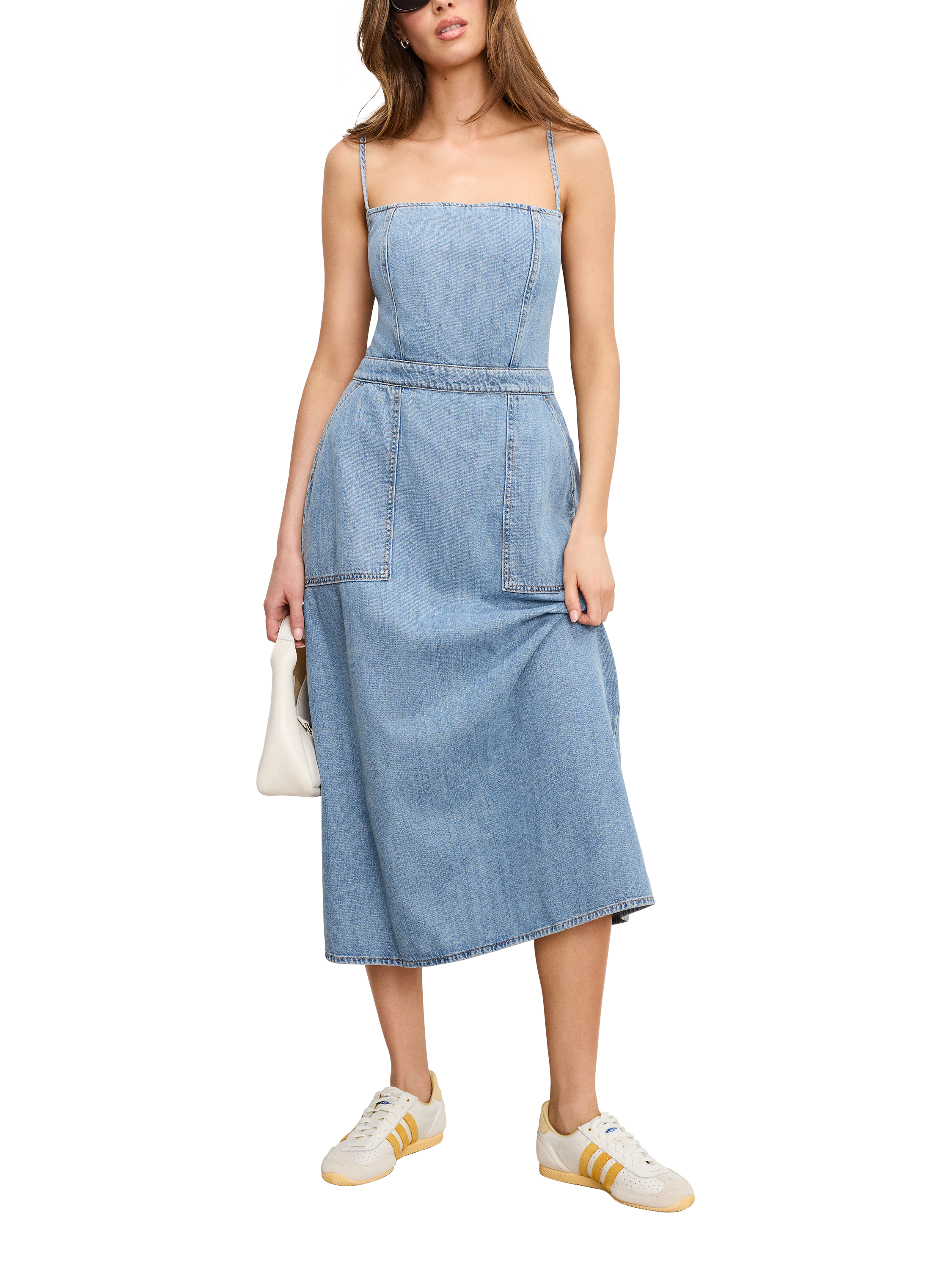 Product image 1 of 3, which shows Good American Lite Denim Midi Dress, Indigo794, XS