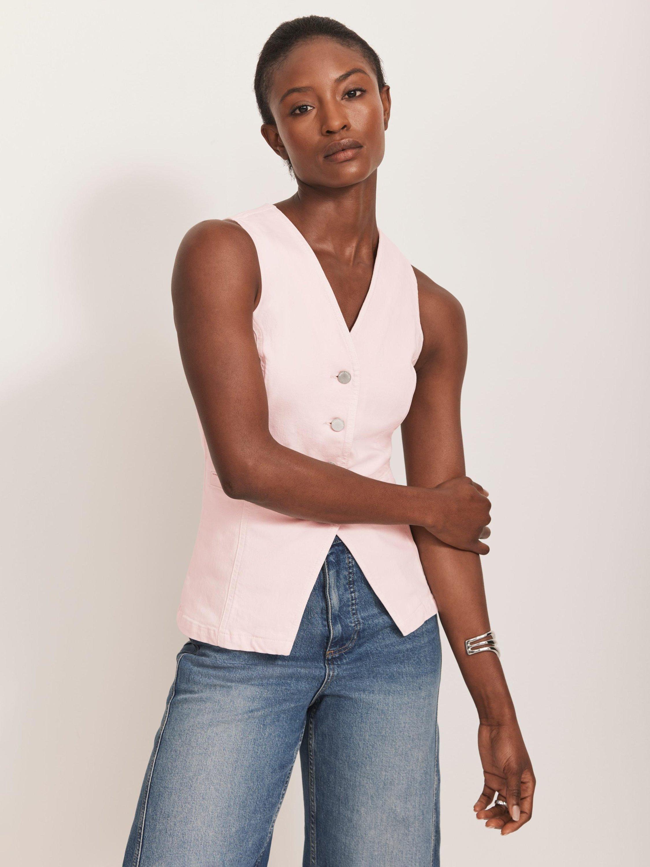 Product image 1 of 8, which shows Mint Velvet Denim V Neck Waistcoat, Light Pink, S