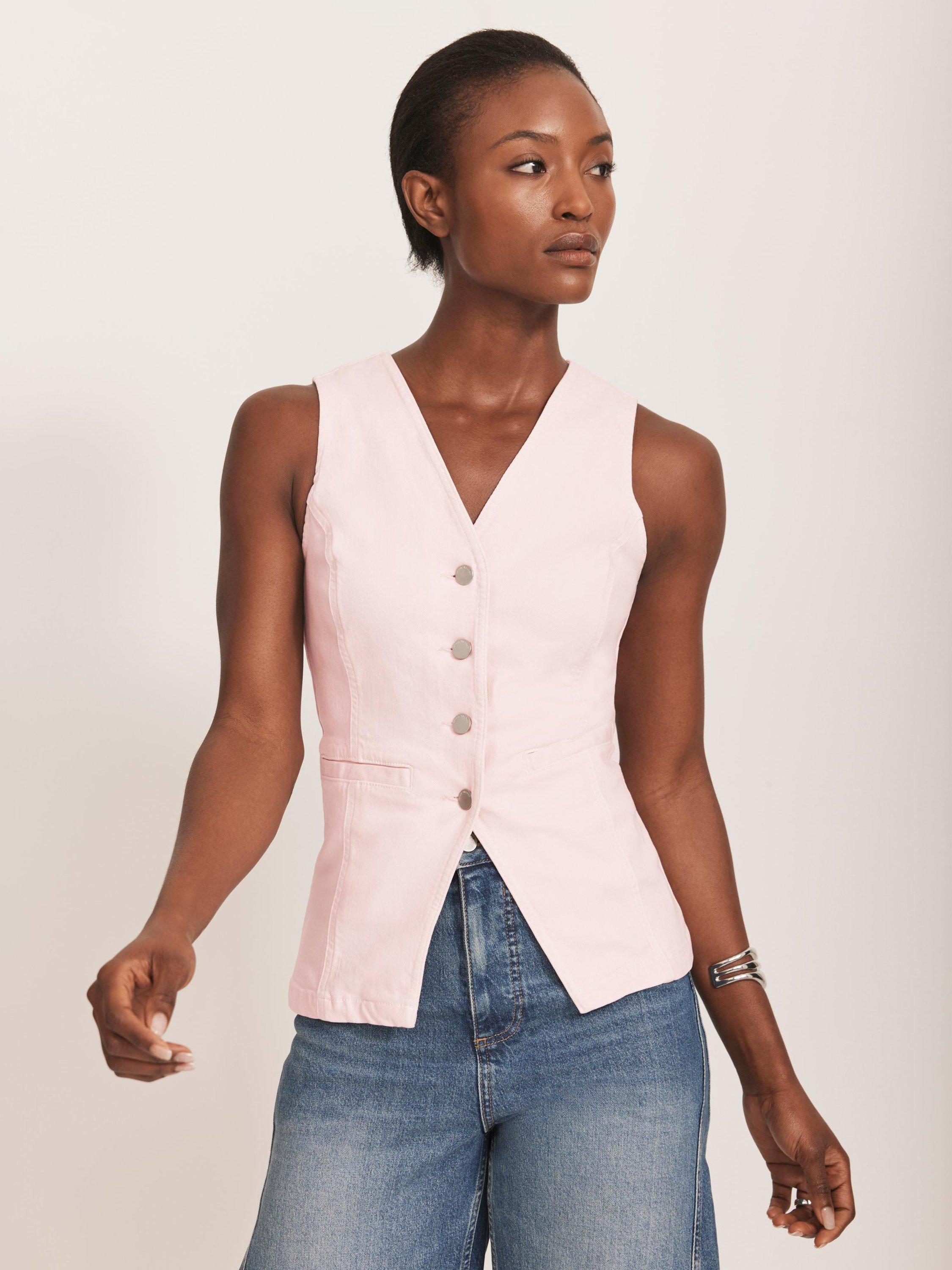 Product image 3 of 8, which shows Mint Velvet Denim V Neck Waistcoat, Light Pink, S