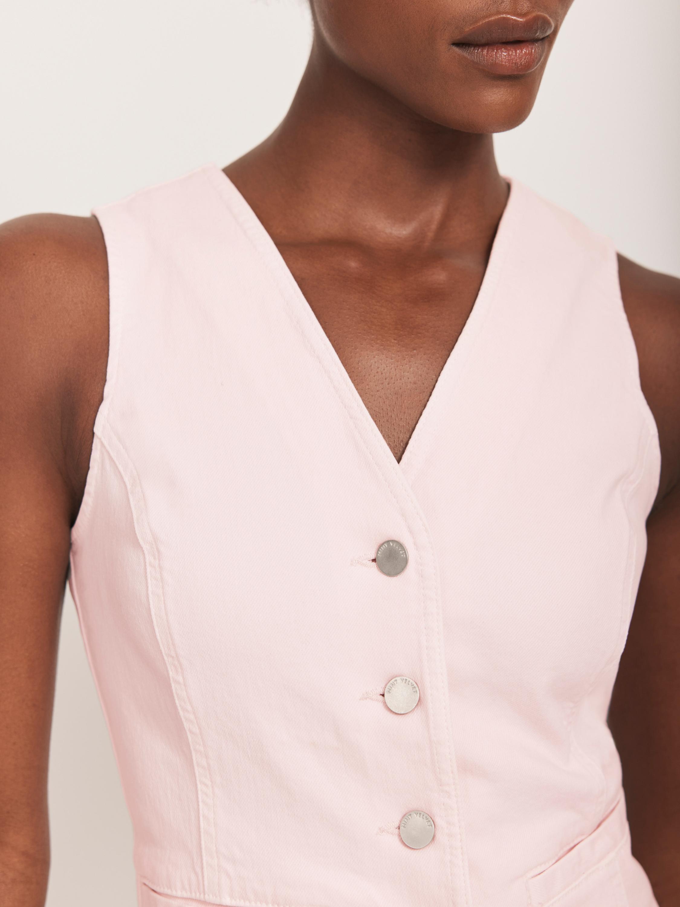 Product image 4 of 8, which shows Mint Velvet Denim V Neck Waistcoat, Light Pink, S