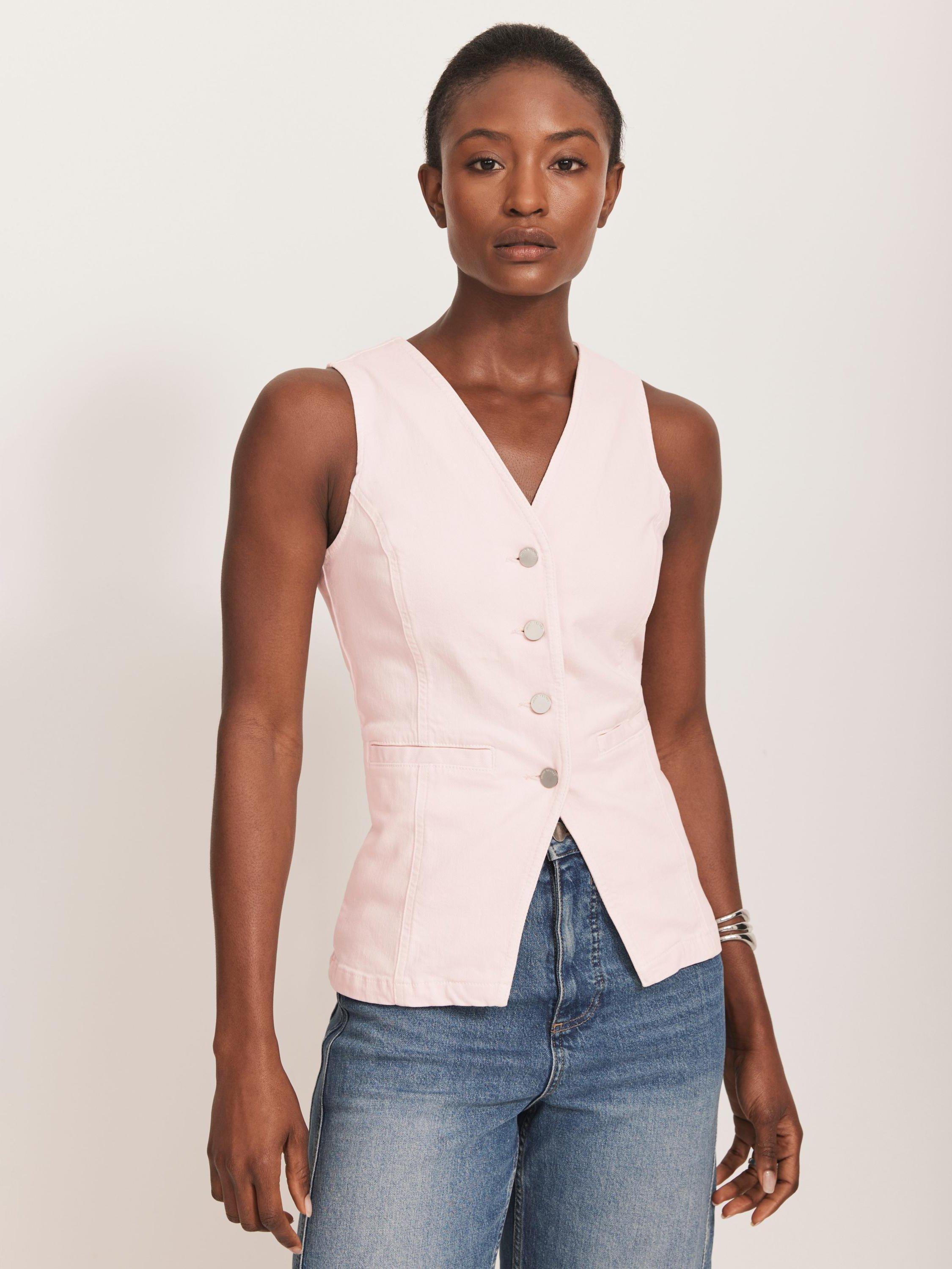 Product image 5 of 8, which shows Mint Velvet Denim V Neck Waistcoat, Light Pink, S