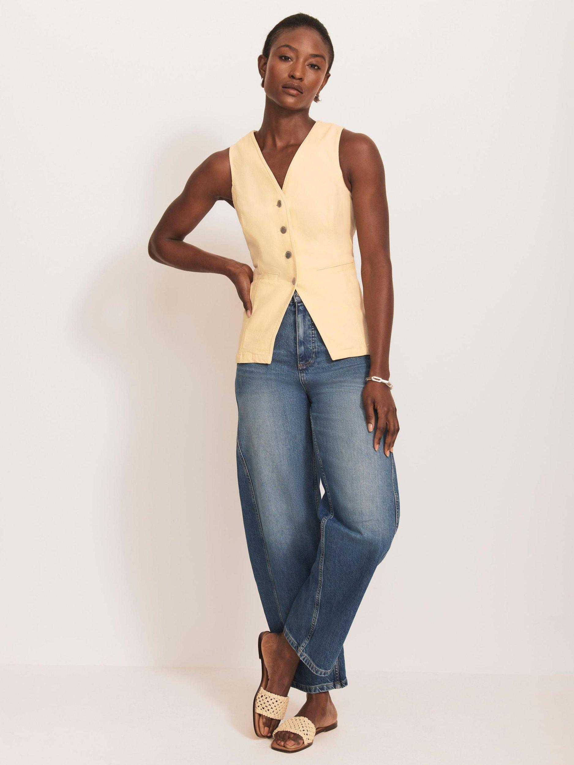Product image 1 of 8, which shows Mint Velvet Denim V Neck Waistcoat, Yellow, XS