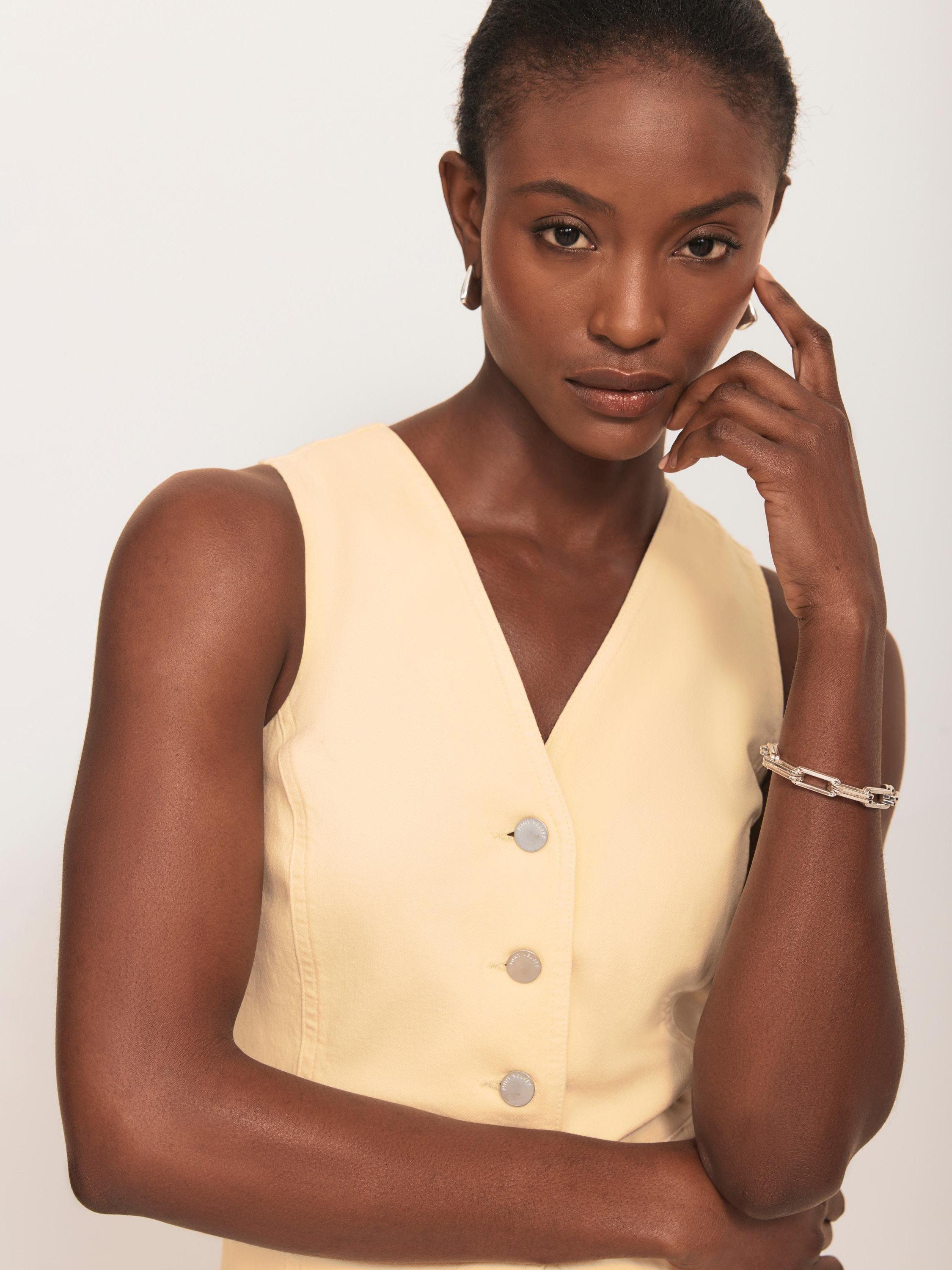 Product image 4 of 8, which shows Mint Velvet Denim V Neck Waistcoat, Yellow, XS