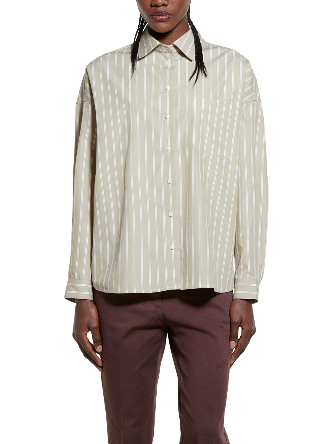 Product image 1 of 5, which shows SISLEY Stripe Cotton Oversized Fit Shirt, Green, M