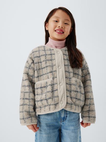 John Lewis Kids' Check Borg Fleece Jacket, Cream, Grey, Cream, Grey
