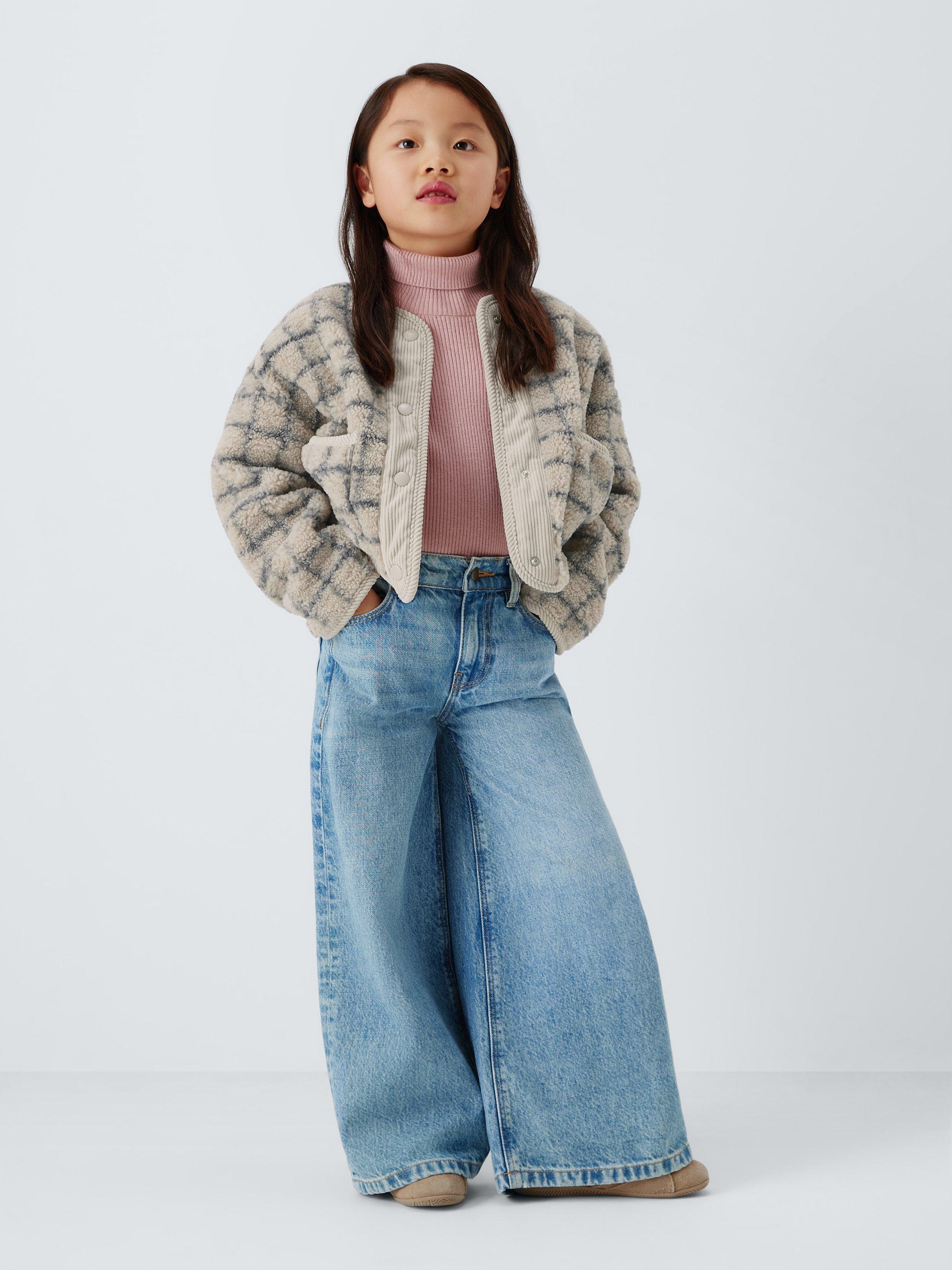 Product image 3 of 9, which shows John Lewis Kids' Check Borg Fleece Jacket, Cream, Grey, 3 years