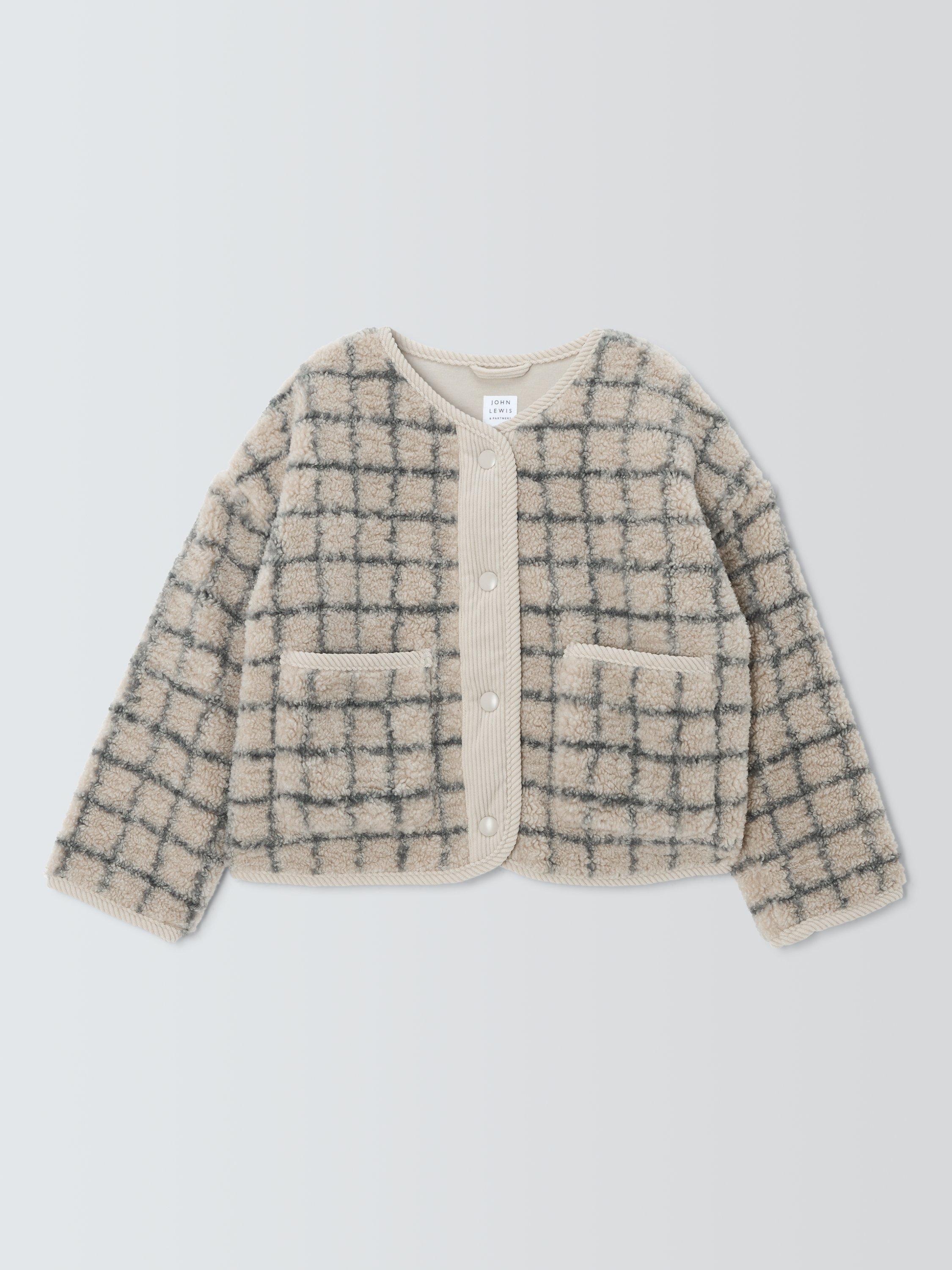 Product image 4 of 9, which shows John Lewis Kids' Check Borg Fleece Jacket, Cream, Grey, 3 years