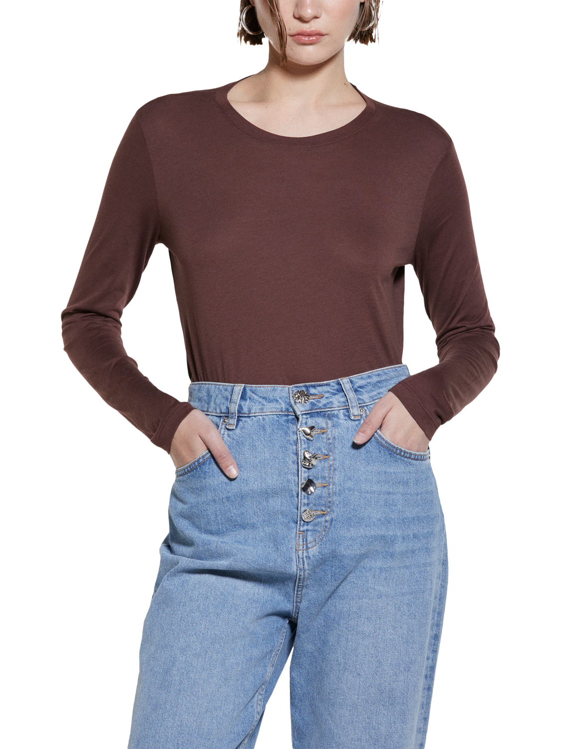 Product image 1 of 5, which shows SISLEY Cotton Blend Long Sleeve Jersey T-Shirt, Brown, XS