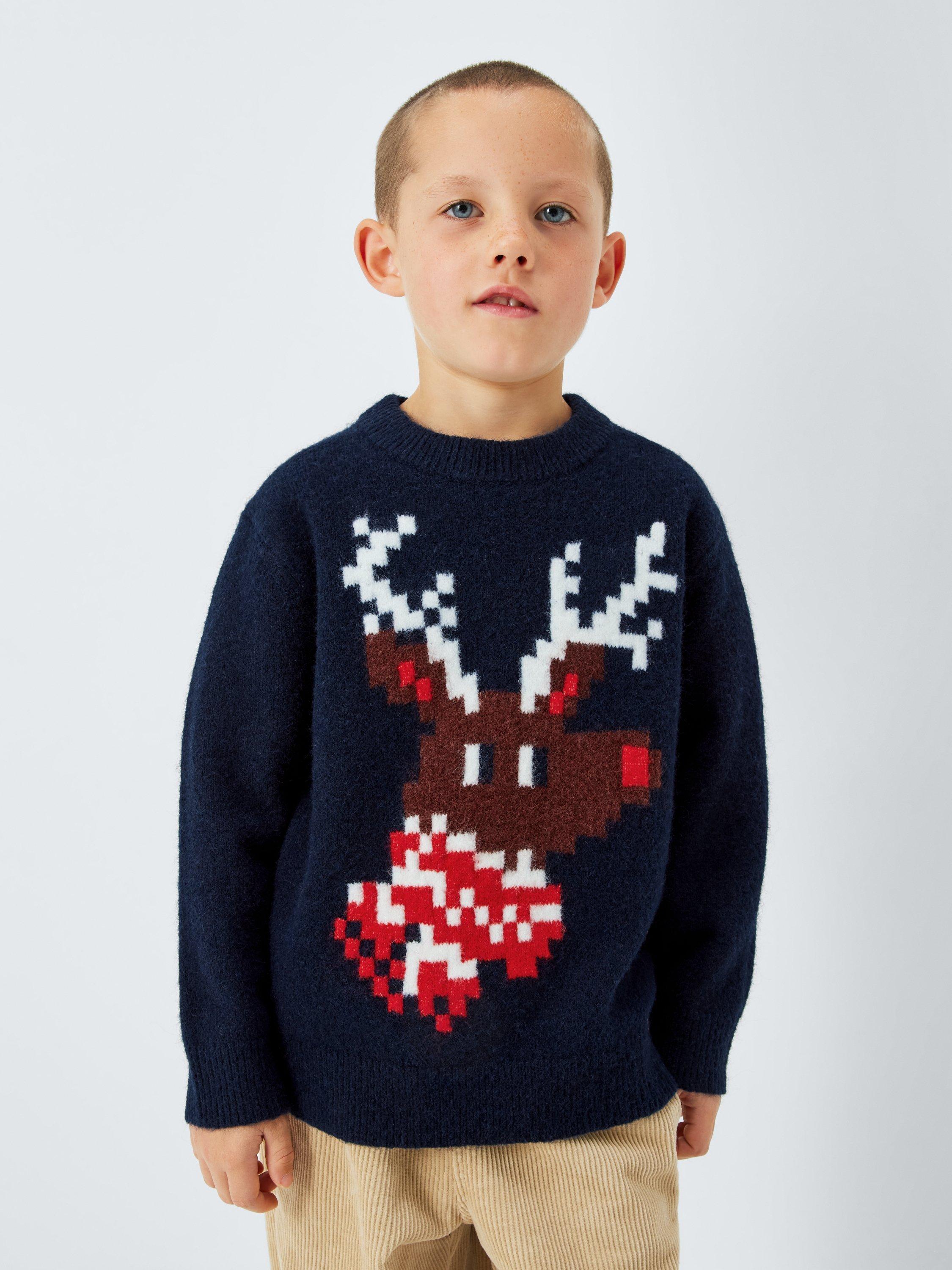Product image 1 of 7, which shows John Lewis Kids' Pixel Reindeer Jumper, Navy, 5 years