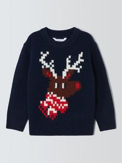 John Lewis Kids' Pixel Reindeer Jumper, Navy - view 2, Navy