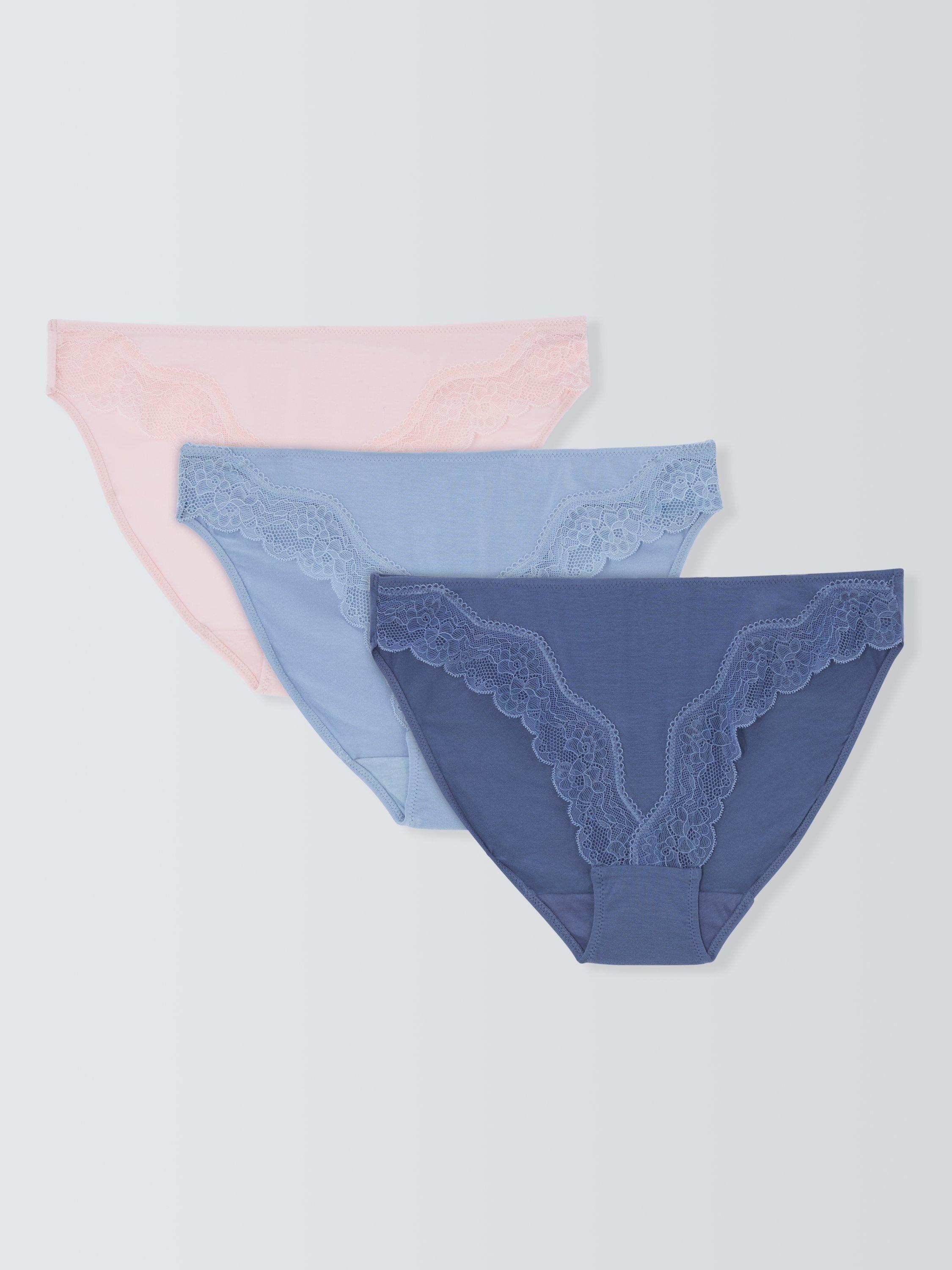 Product image 1 of 6, which shows John Lewis Modal Lace Bikini Knickers, Pack of 3, Blue/Pink, 8