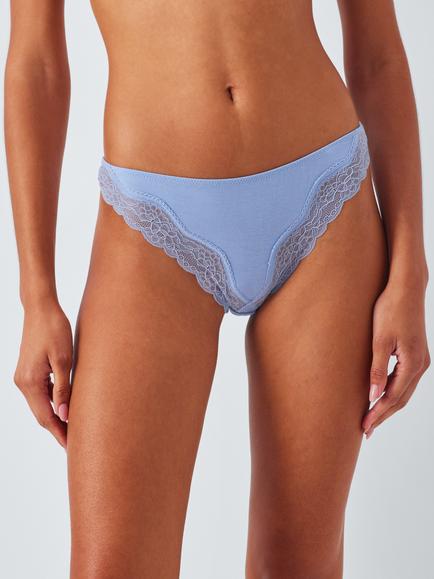 John Lewis Modal Lace Thong, Pack of 3, Blues/Pinks - view 2, Blues/Pinks