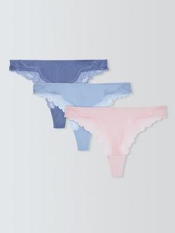 John Lewis Modal Lace Thong, Pack of 3, Blues/Pinks, Blues/Pinks