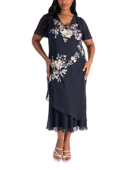 chesca Beaded Sequin Cowl Neck Chiffon Dress, Navy/White/Gold, Navy/White/Gold