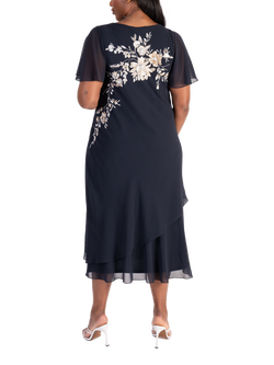 chesca Beaded Sequin Cowl Neck Chiffon Dress, Navy/White/Gold - view 2, Navy/White/Gold