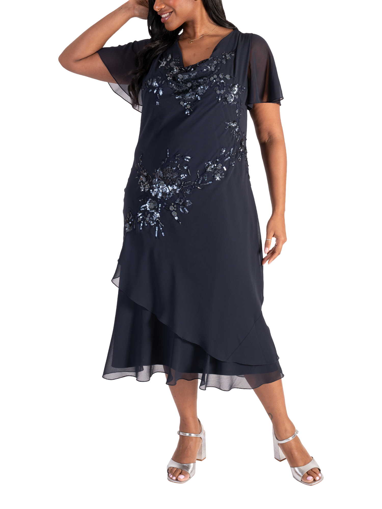 Product image 1 of 7, which shows chesca Beaded Sequin Chiffon Dress, Navy/Gunmetal, 12-14