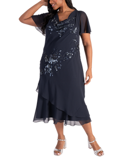 chesca Beaded Sequin Chiffon Dress, Navy/Gunmetal, Navy/Gunmetal