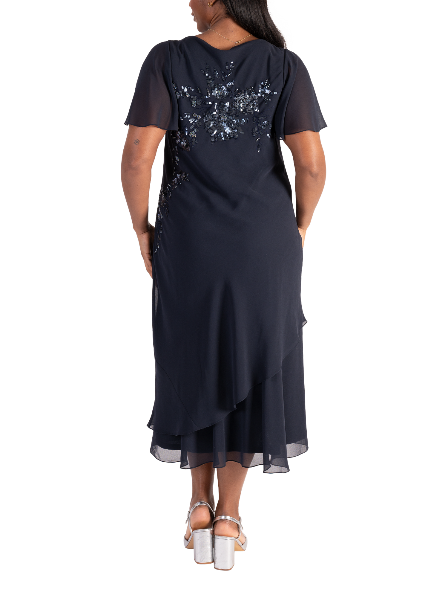Product image 2 of 7, which shows chesca Beaded Sequin Chiffon Dress, Navy/Gunmetal, 12-14