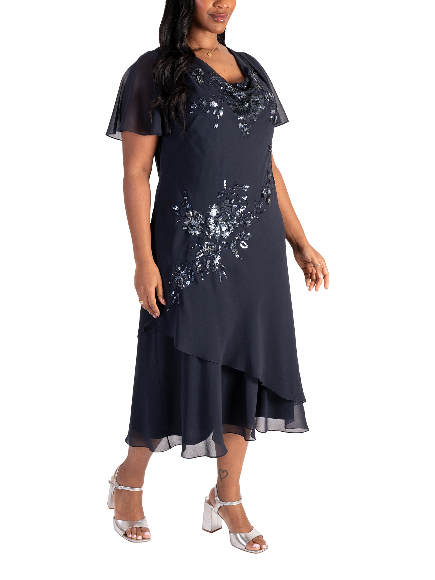 Product image 3 of 7, which shows chesca Beaded Sequin Chiffon Dress, Navy/Gunmetal, 12-14