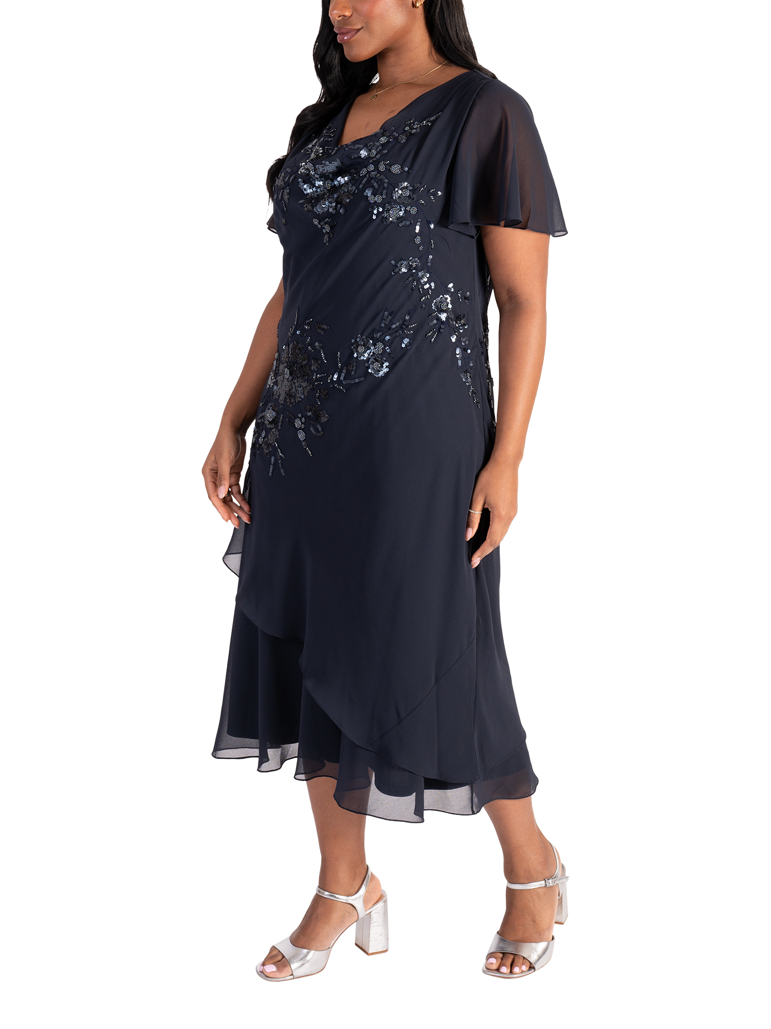 Product image 4 of 7, which shows chesca Beaded Sequin Chiffon Dress, Navy/Gunmetal, 12-14